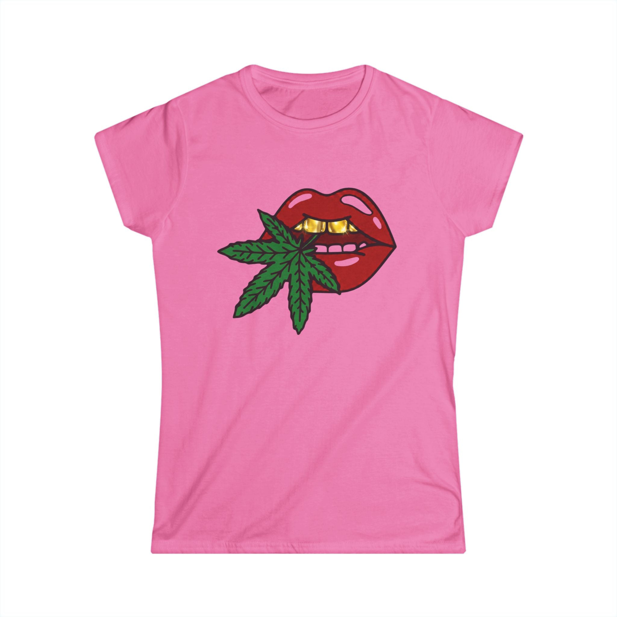 Red Lips with Gold Teeth Cannabis Leaf Tee | Marijuana Bite Design