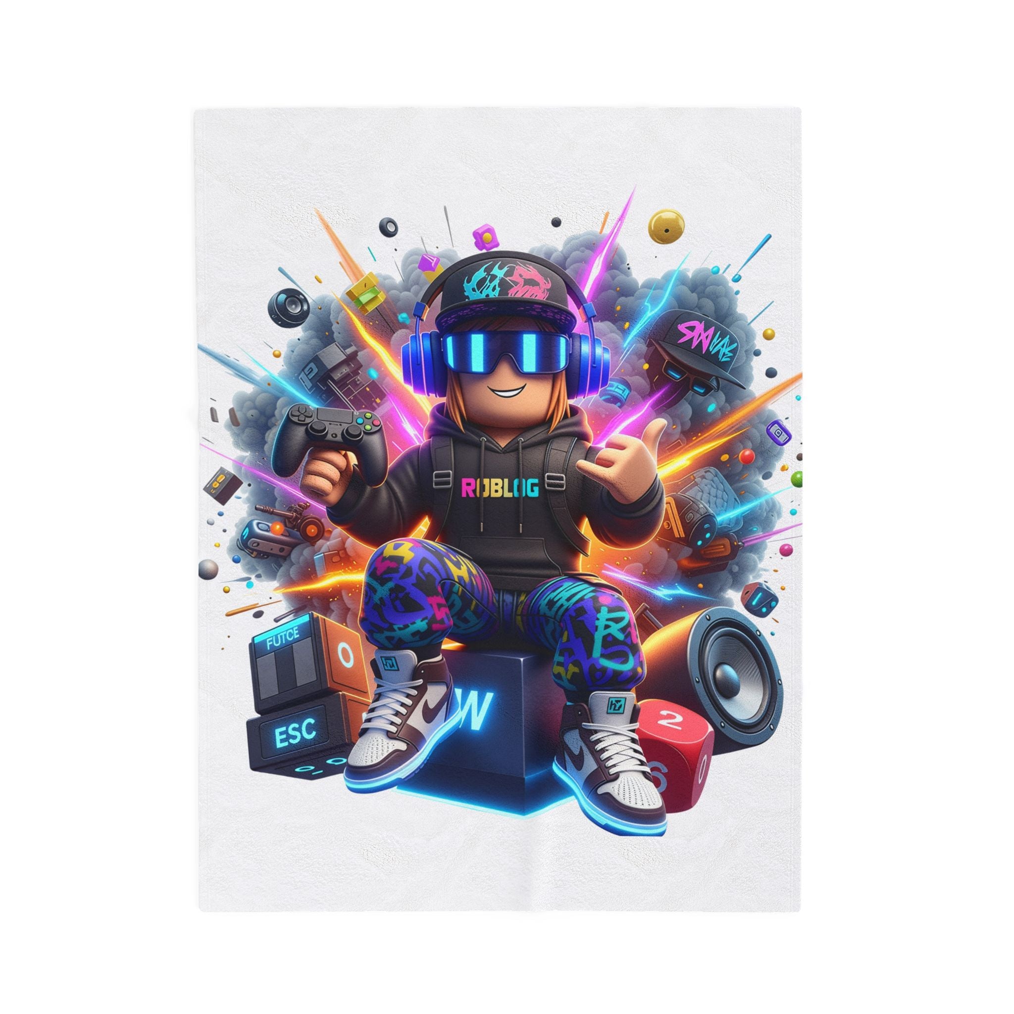 Neon Gamer Avatar Velveteen Plush Blanket | Gaming Character, Headphones, Controller