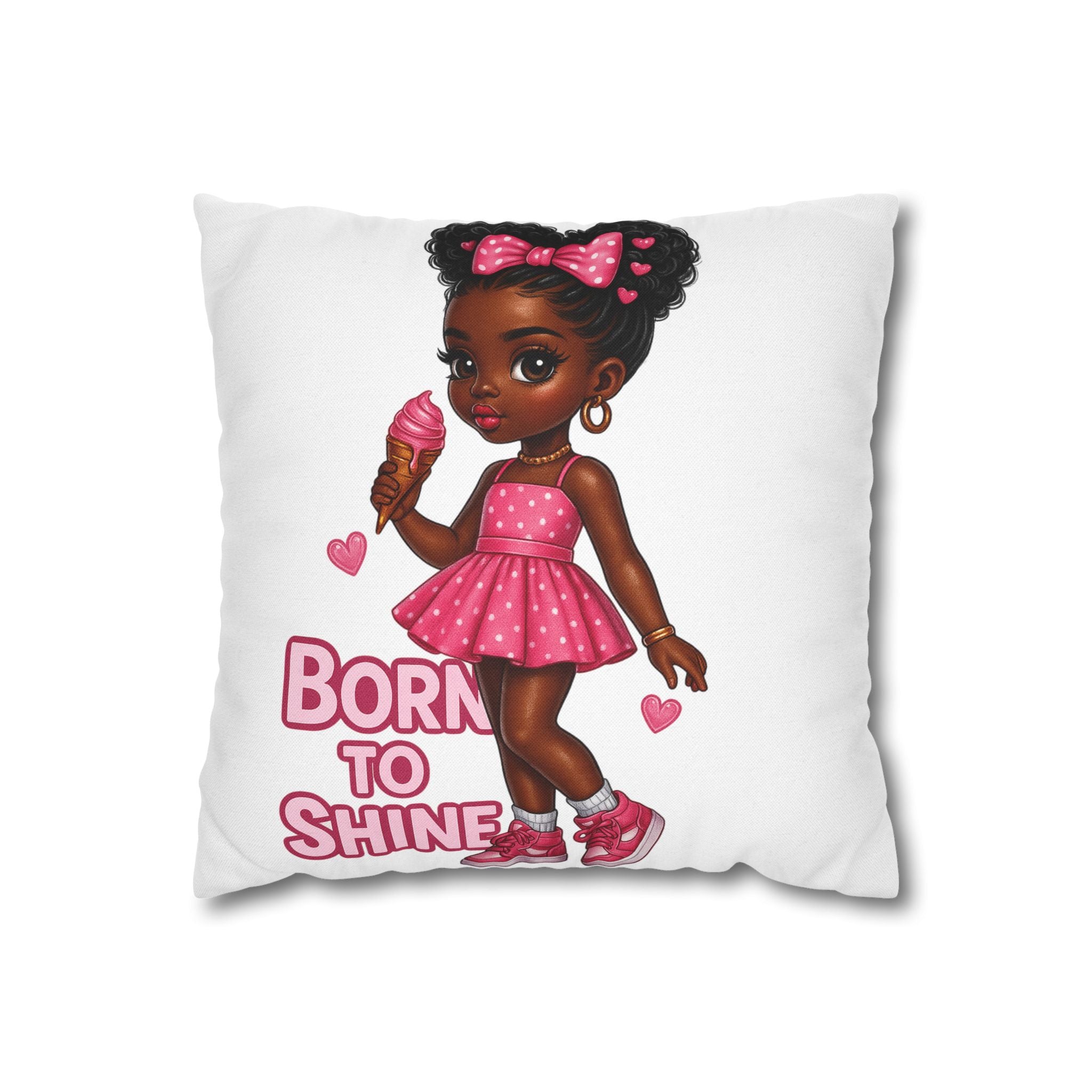 Born to Shine Cute Black Girl Illustration Pillowcase | Pink Dress