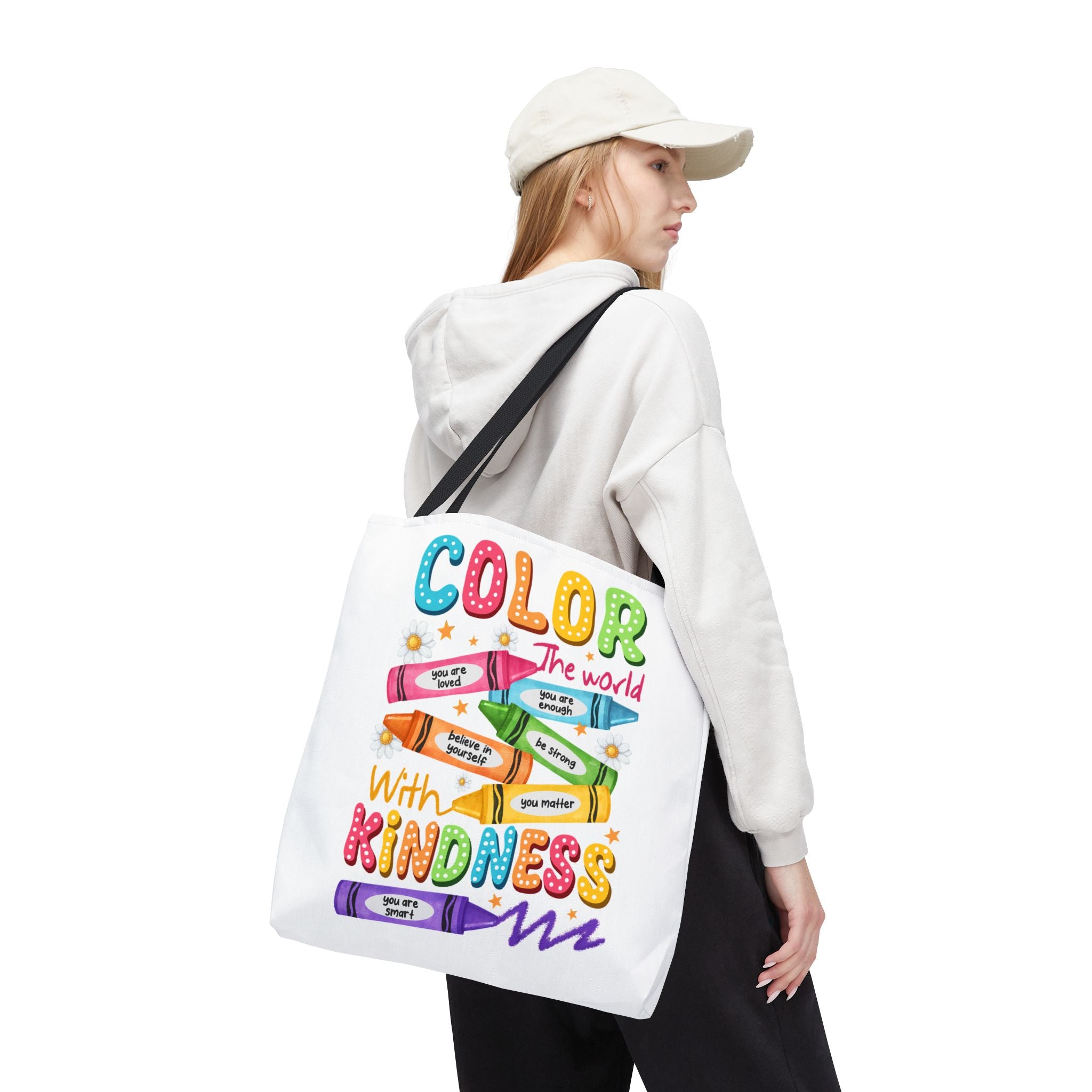 Color the World with Kindness tote bag | crayon positive affirmation design