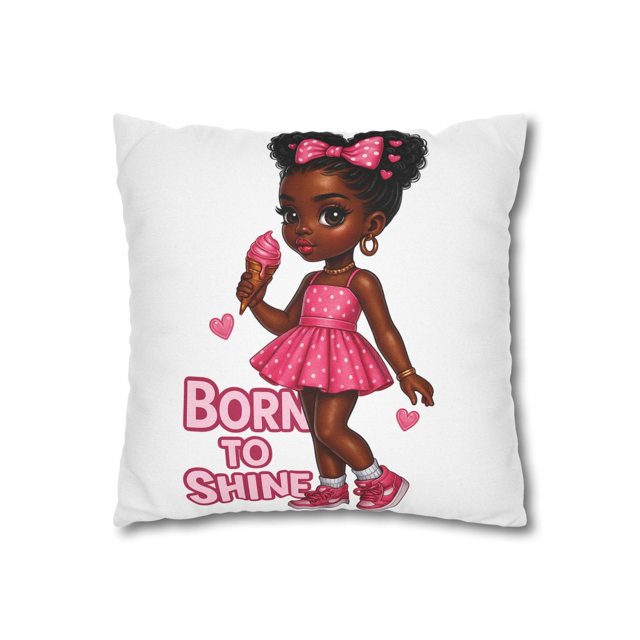 Born to Shine Cute Black Girl Illustration Pillowcase | Pink Dress