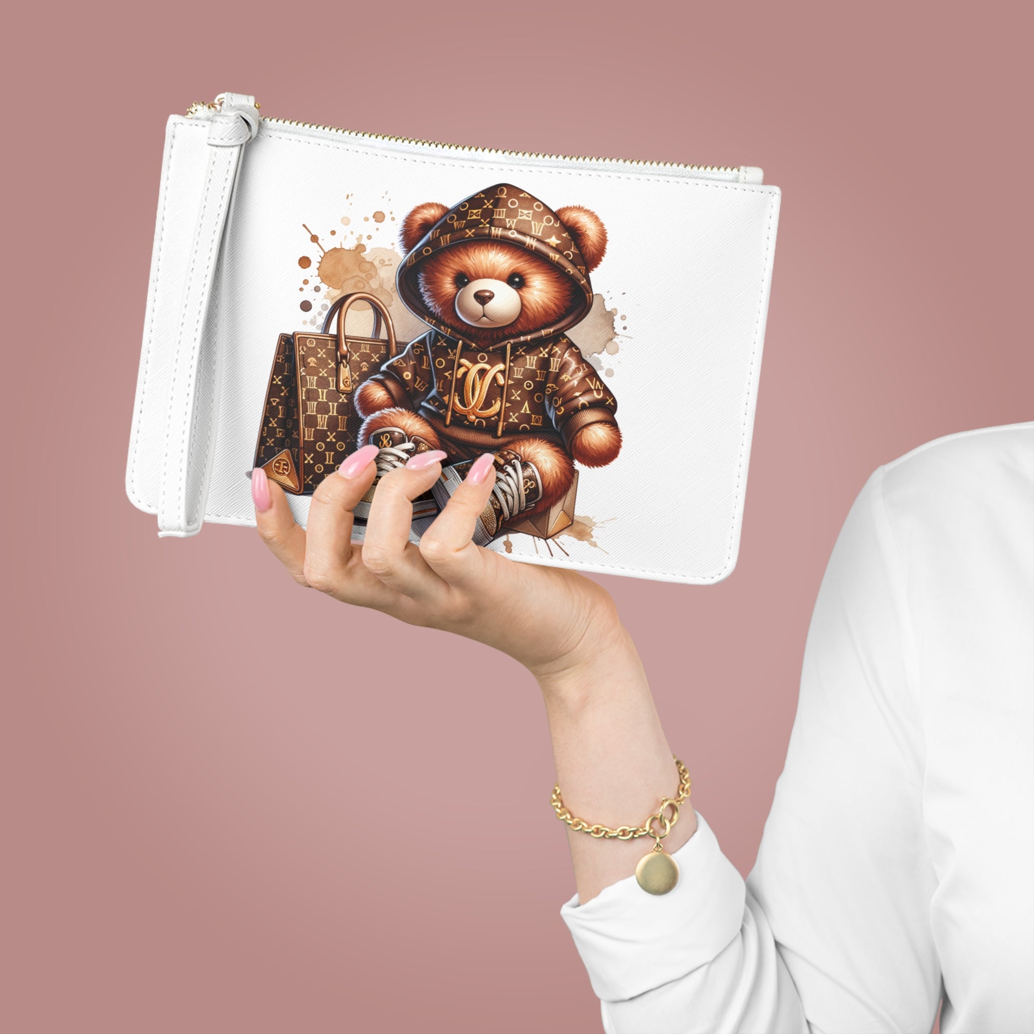Teddy Bear Clutch Bag, Luxury Monogram, Designer Purse, Bear Illustration, Fashion Accessory