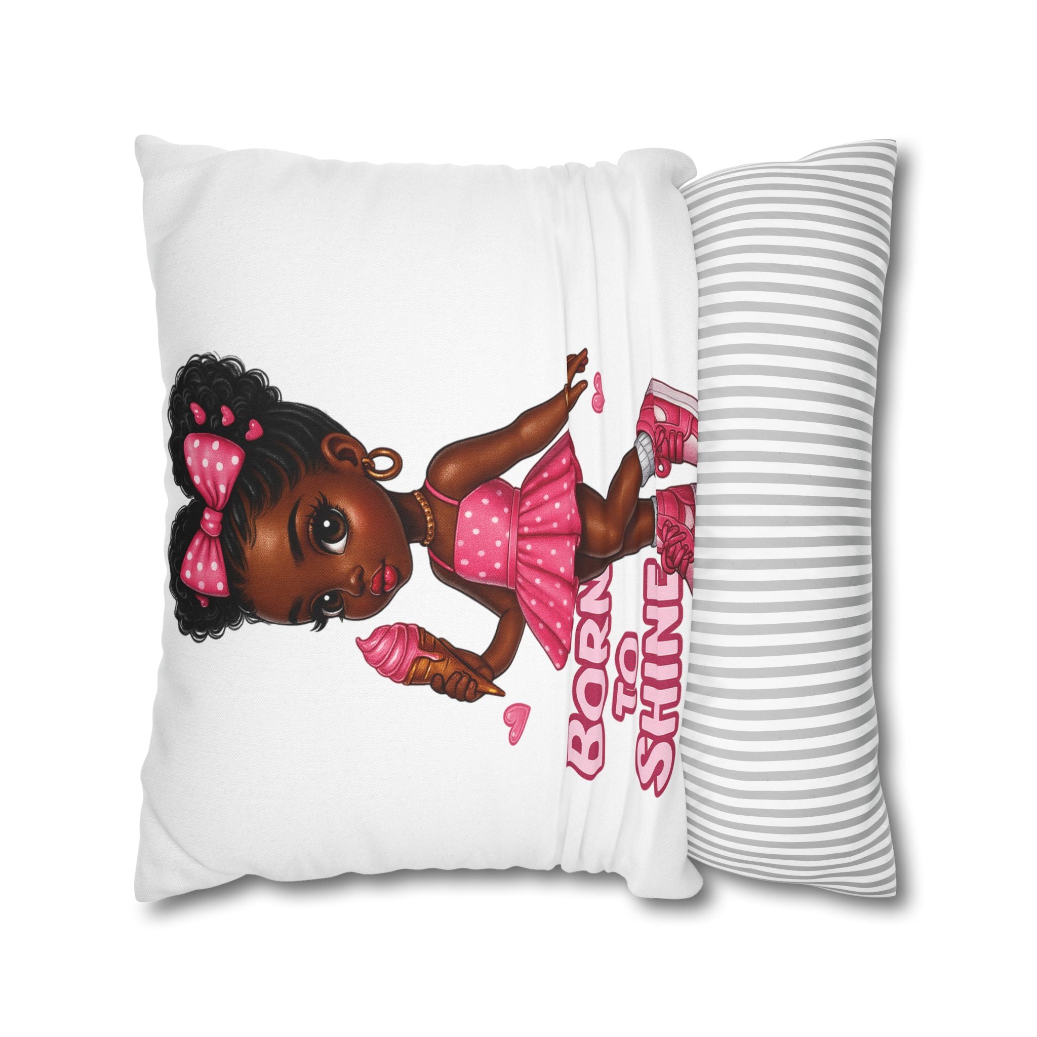 Born to Shine Cute Black Girl Illustration Pillowcase | Pink Dress