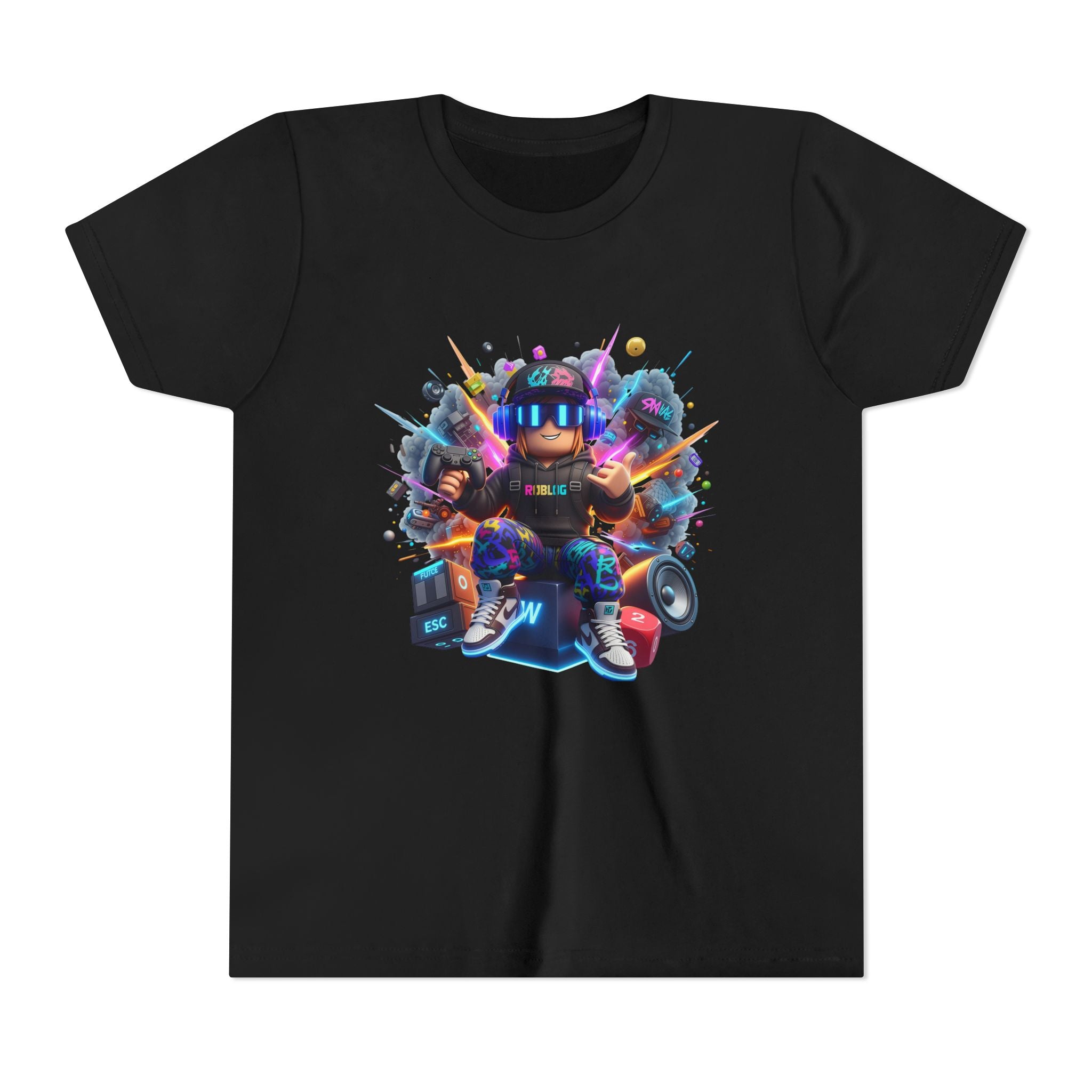Neon Gamer Character Youth Short Sleeve Tee | Retro Arcade Controller