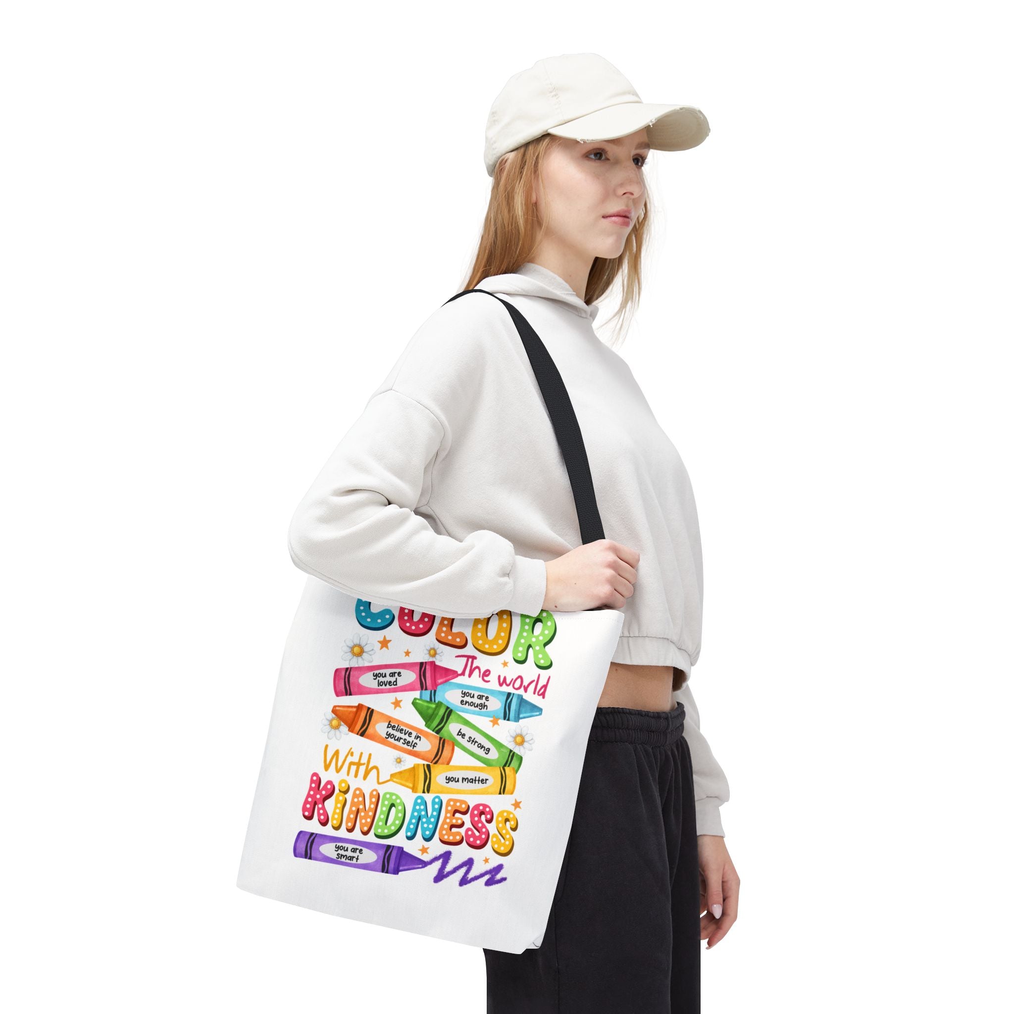 Color the World with Kindness tote bag | crayon positive affirmation design