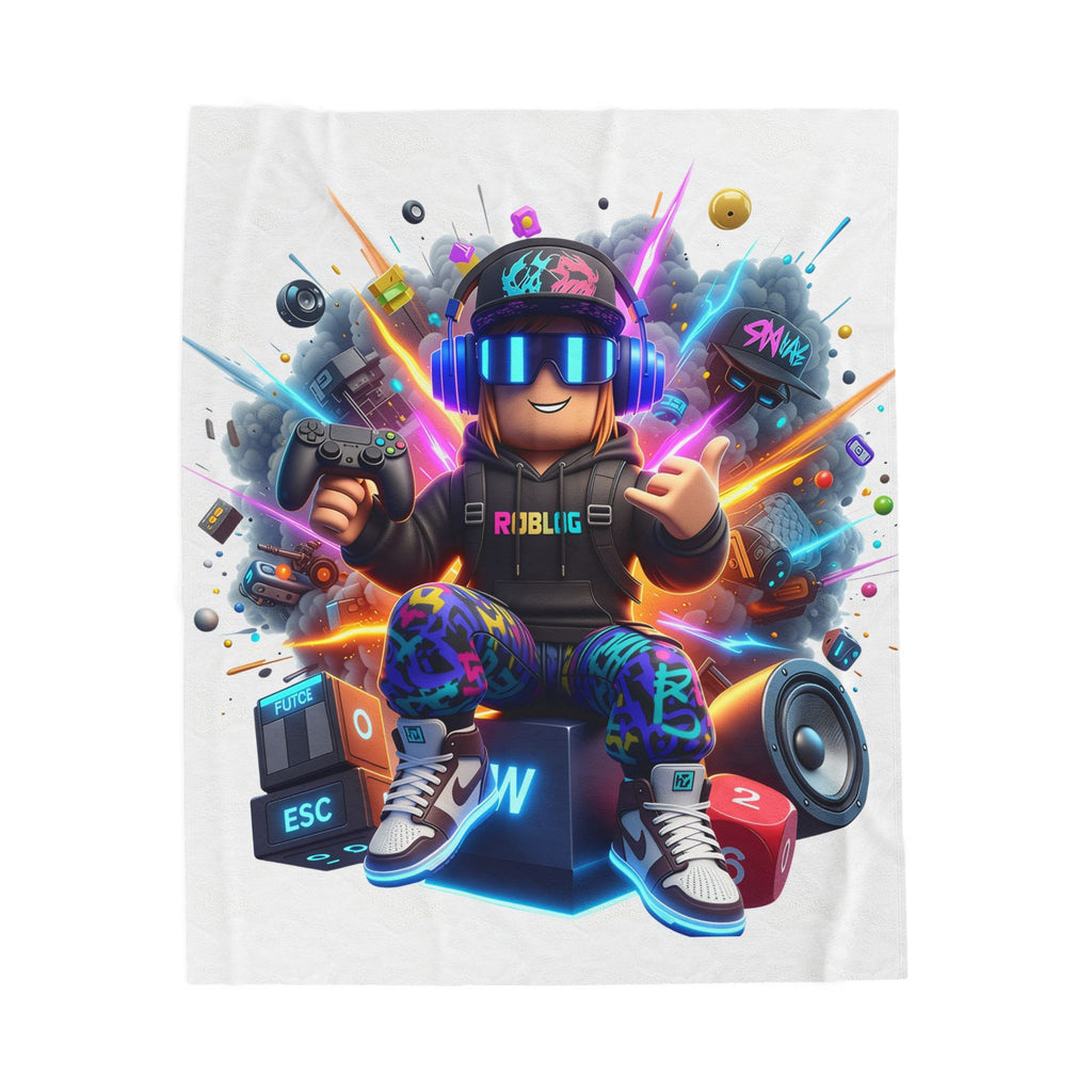 Neon Gamer Avatar Velveteen Plush Blanket | Gaming Character, Headphones, Controller