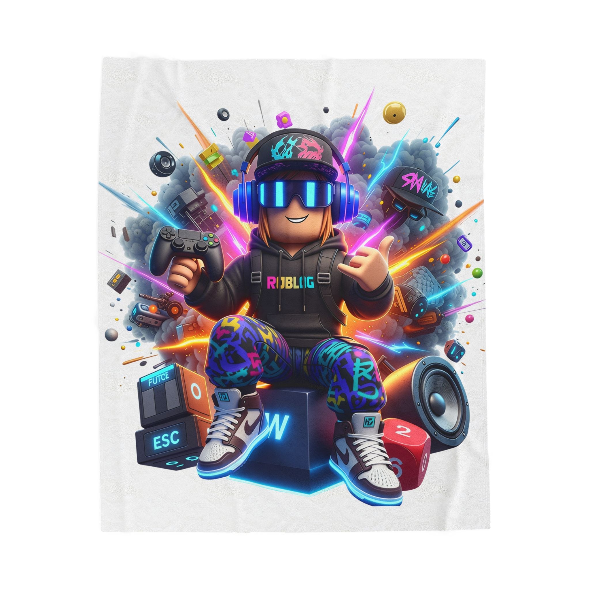 Neon Gamer Avatar Velveteen Plush Blanket | Gaming Character, Headphones, Controller