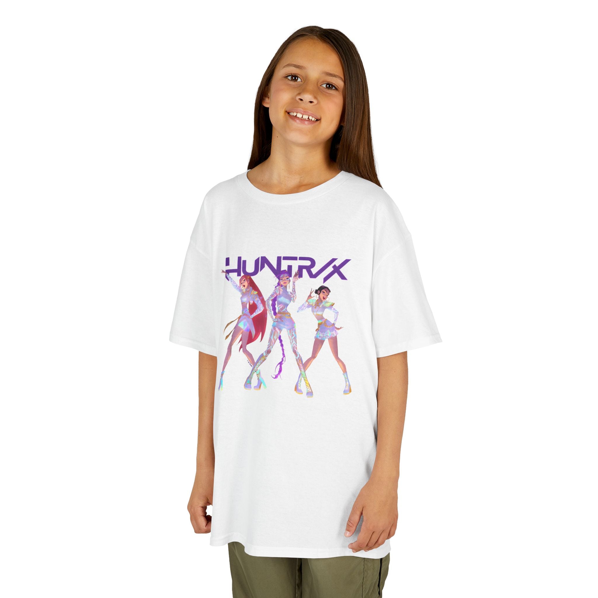 HUNTRIX Anime Girl Trio Retro Futuristic Dance Kids Tee | Neon Cyber Pop