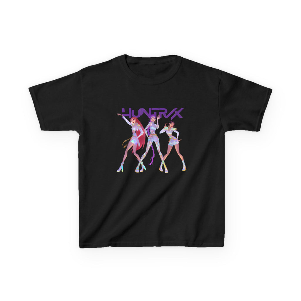 HUNTRIX Anime Girl Trio Retro Futuristic Dance Kids Tee | Neon Cyber Pop