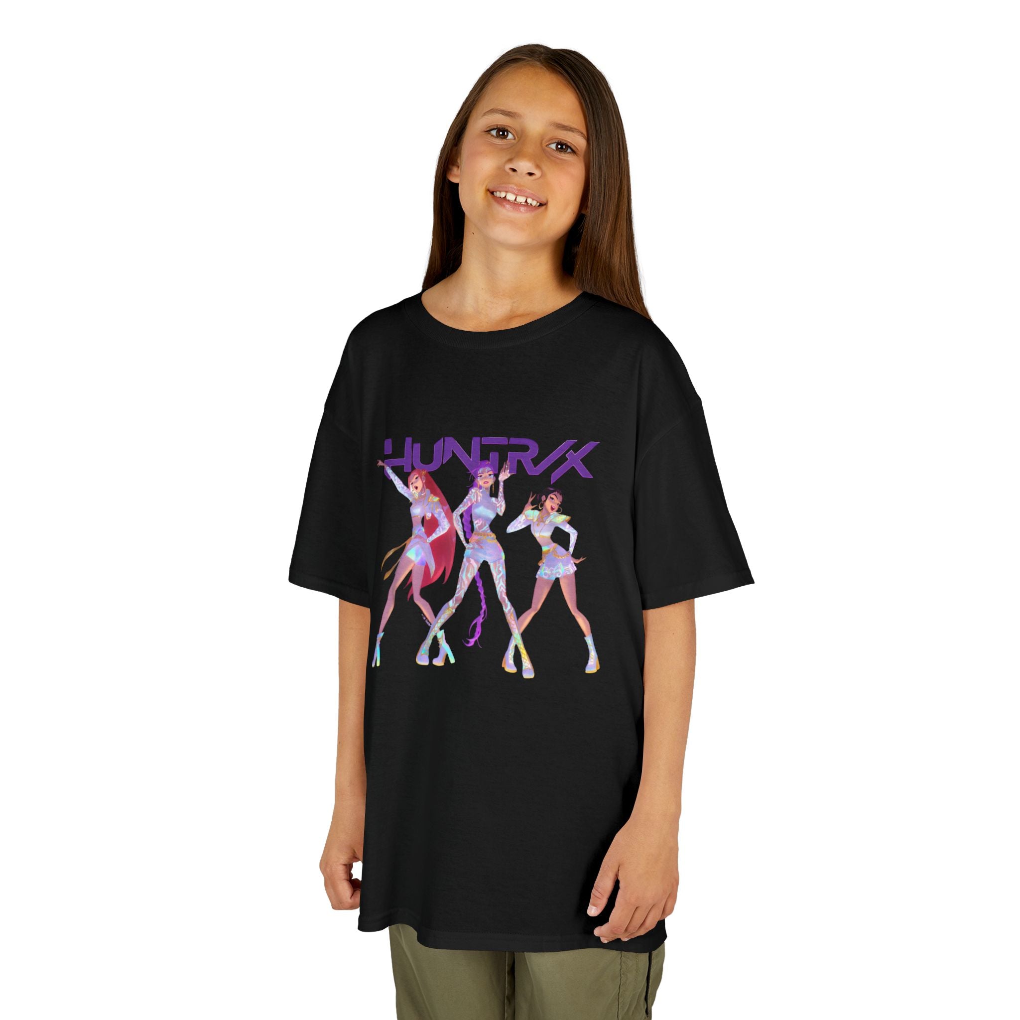 HUNTRIX Anime Girl Trio Retro Futuristic Dance Kids Tee | Neon Cyber Pop