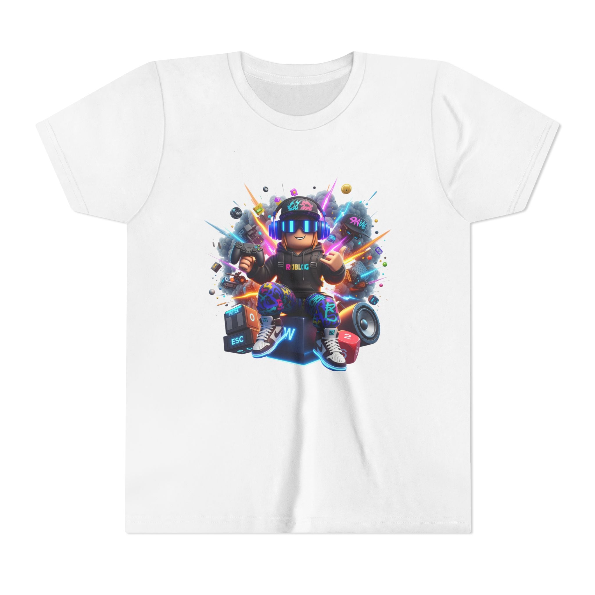 Neon Gamer Character Youth Short Sleeve Tee | Retro Arcade Controller