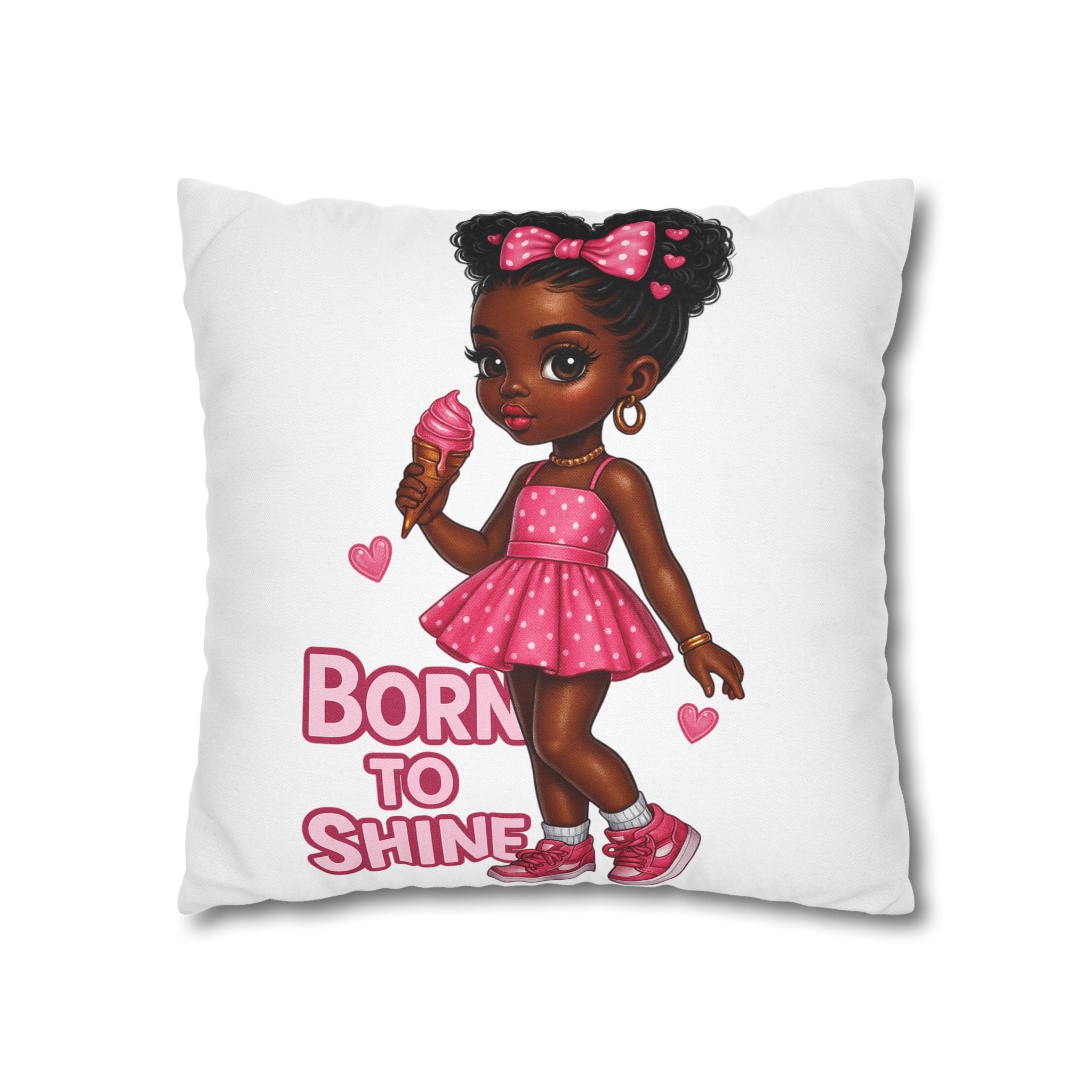 Born to Shine Cute Black Girl Illustration Pillowcase | Pink Dress