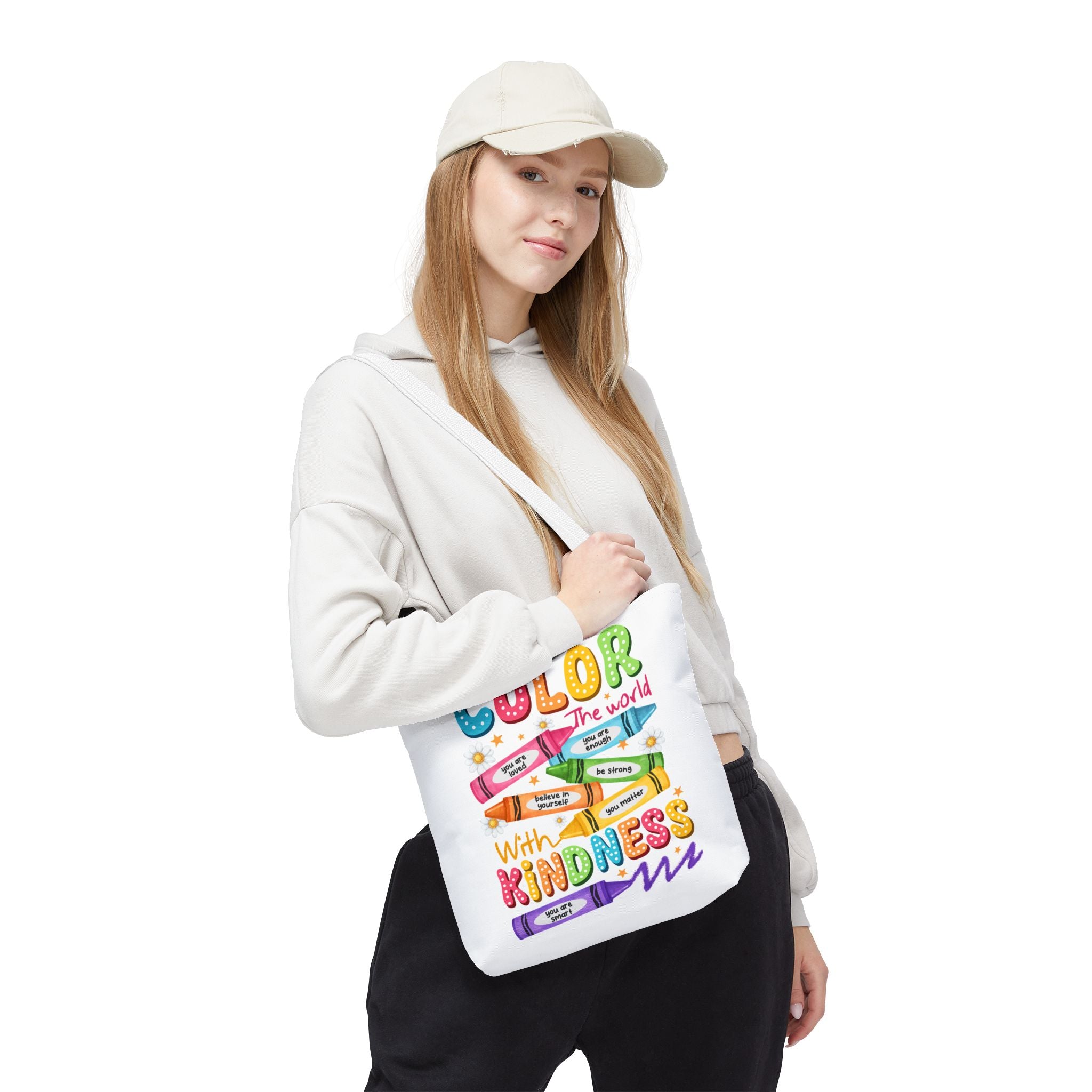 Color the World with Kindness tote bag | crayon positive affirmation design