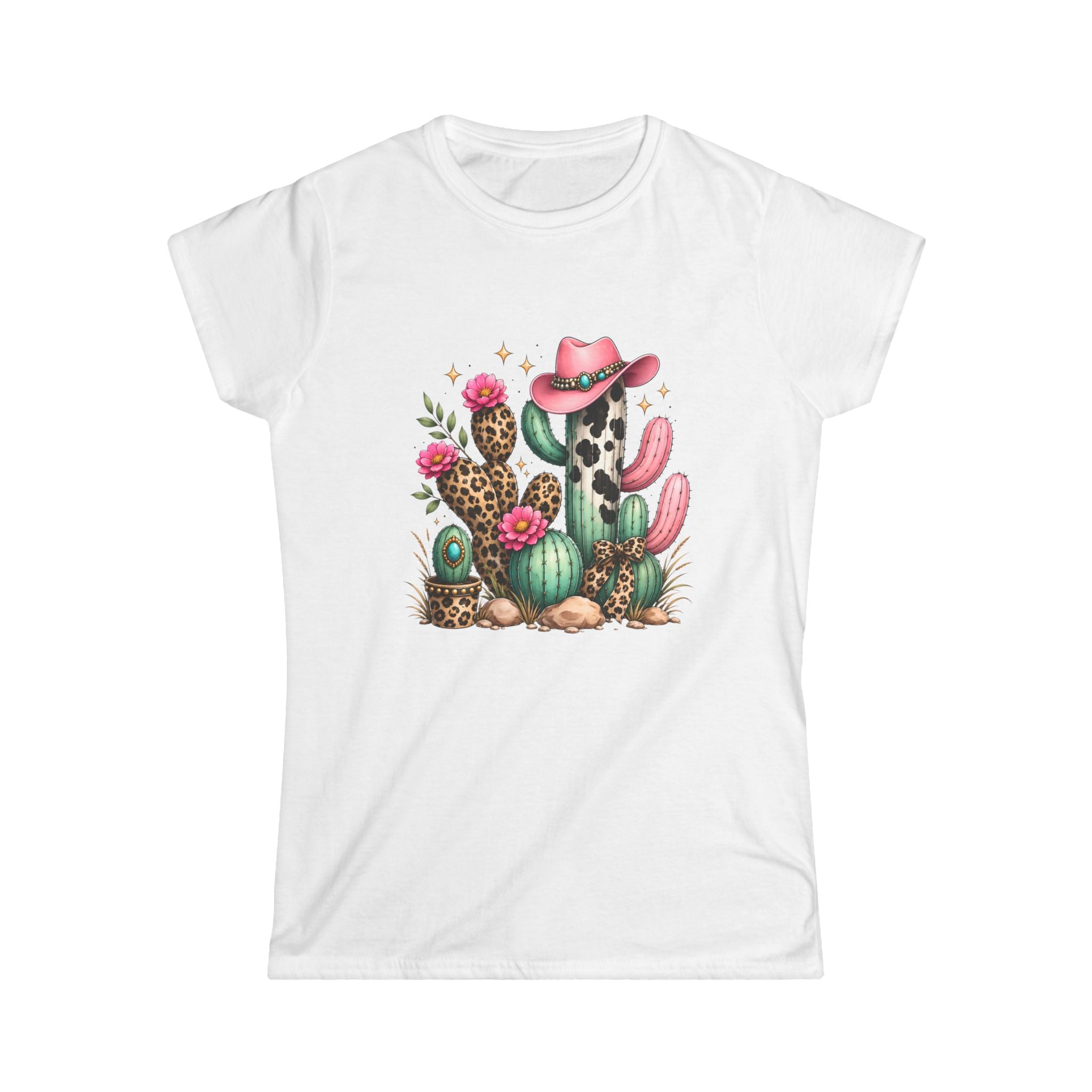 Pink Cowgirl Cactus Floral Leopard Print Tee | Desert Illustration