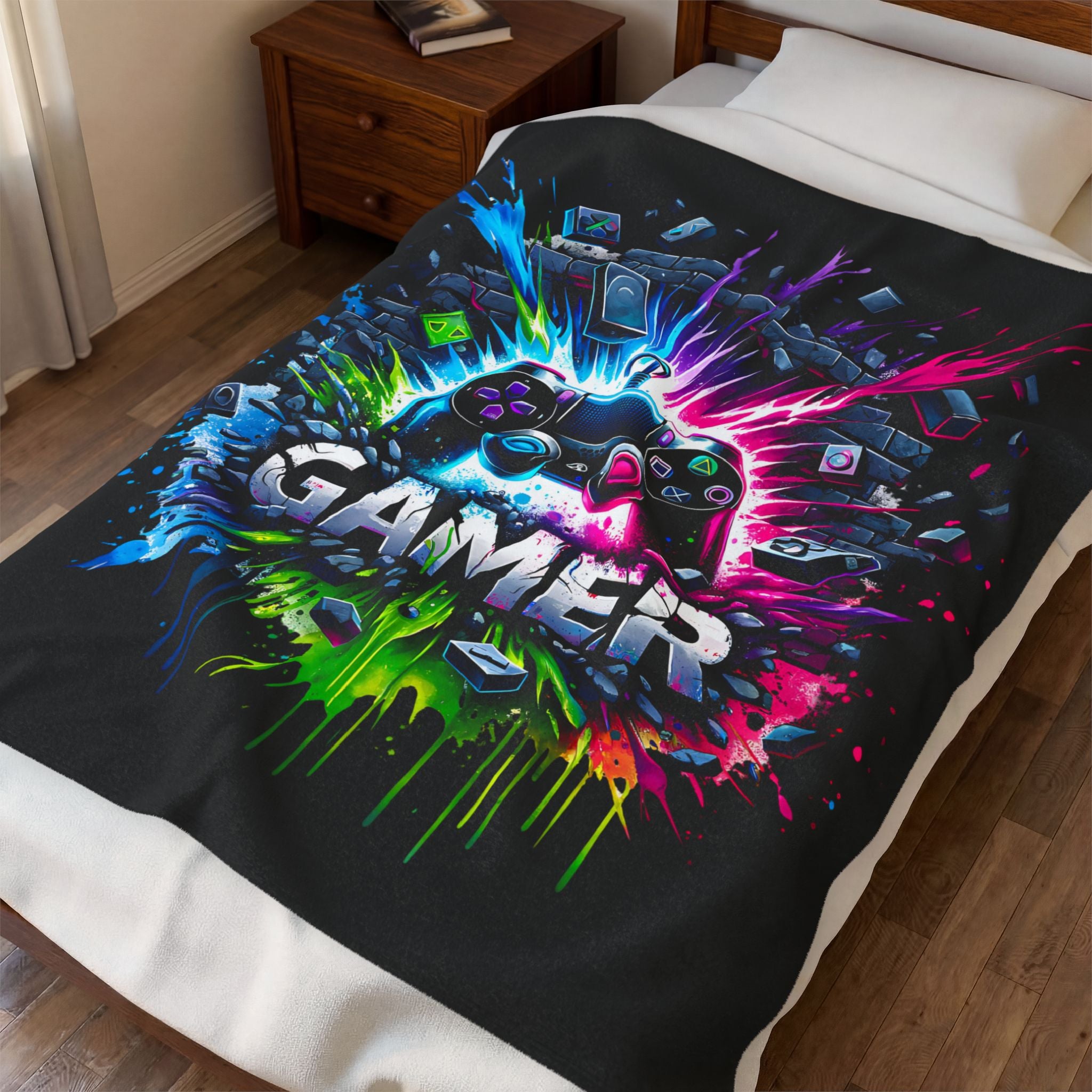 Colorful Gamer Controller Blanket | Video Game Splash Design