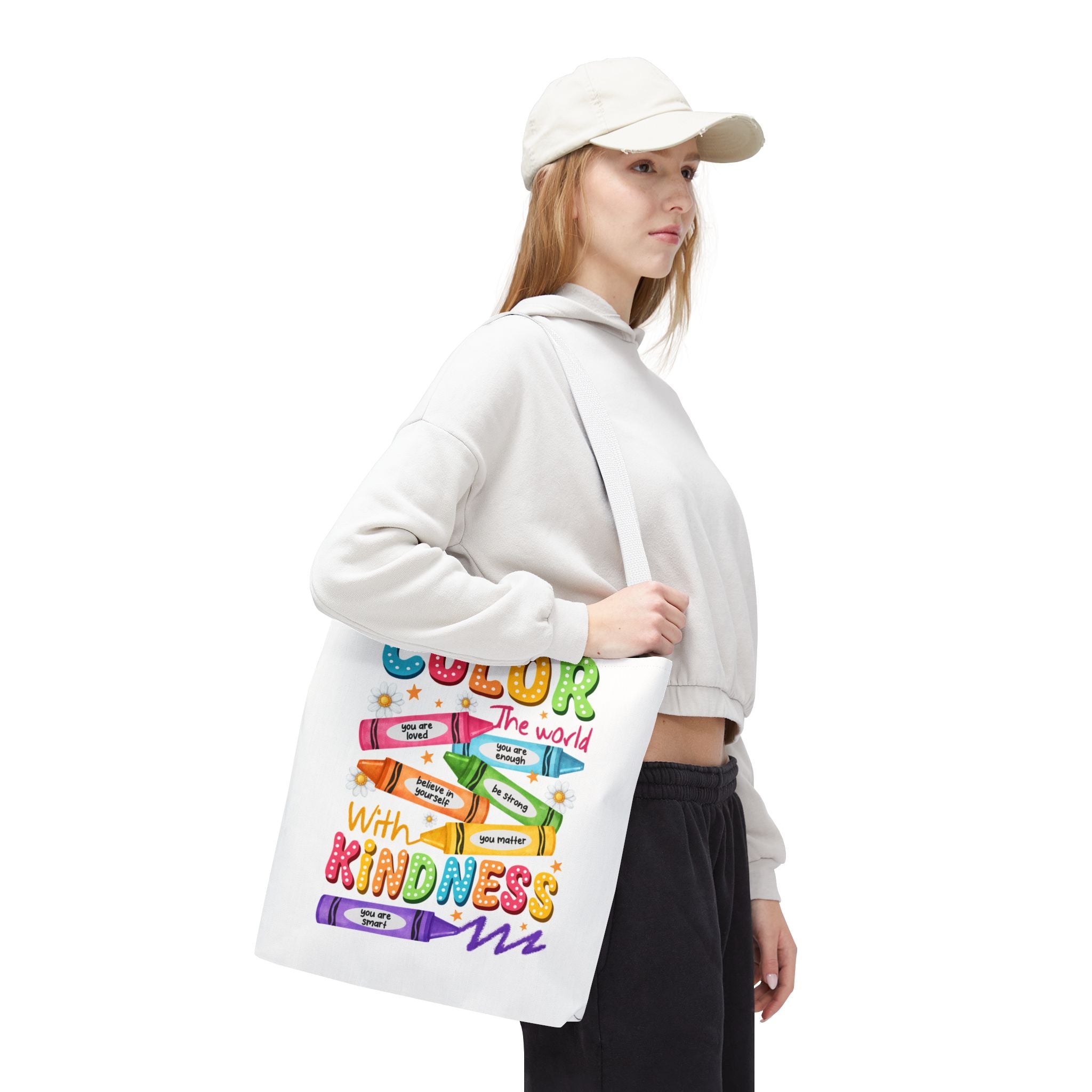 Color the World with Kindness tote bag | crayon positive affirmation design