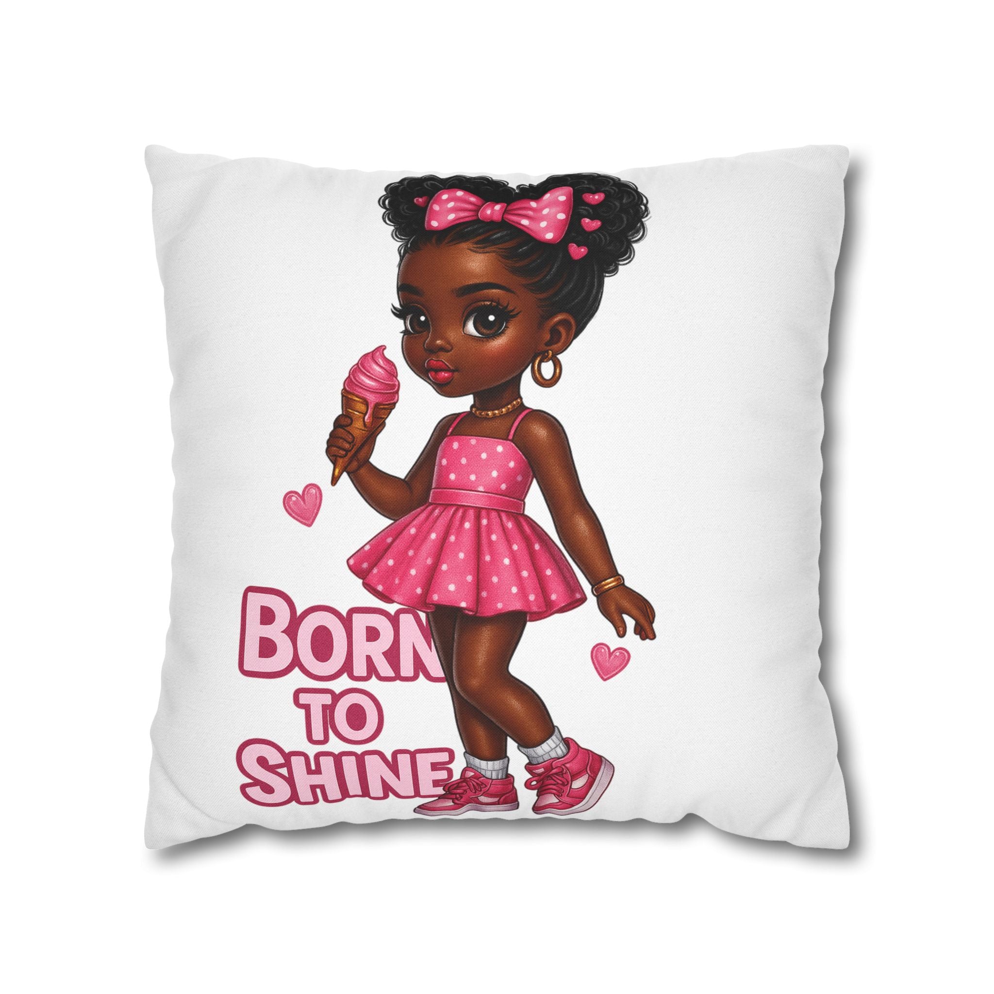 Born to Shine Cute Black Girl Illustration Pillowcase | Pink Dress