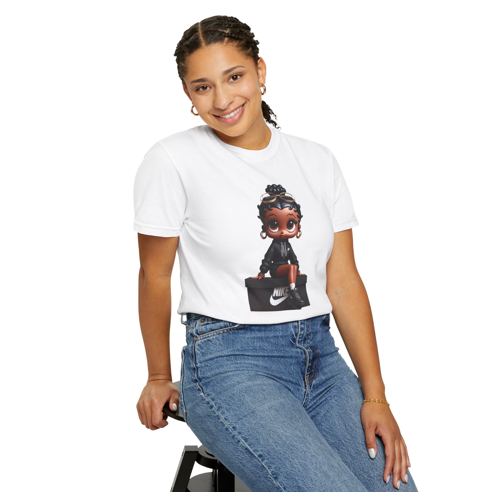 Betty Boop Garment-Dyed T-shirt, Cute Black Doll Tee, Unisex Shirt, Sneaker Box Design, Unique Fashion Gift, Trendy Graphic Tee, Vintage