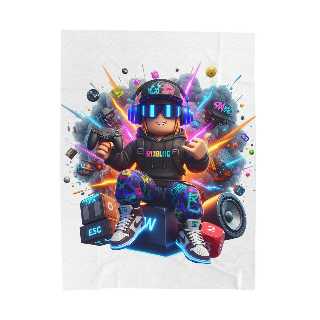 Neon Gamer Avatar Velveteen Plush Blanket | Gaming Character, Headphones, Controller