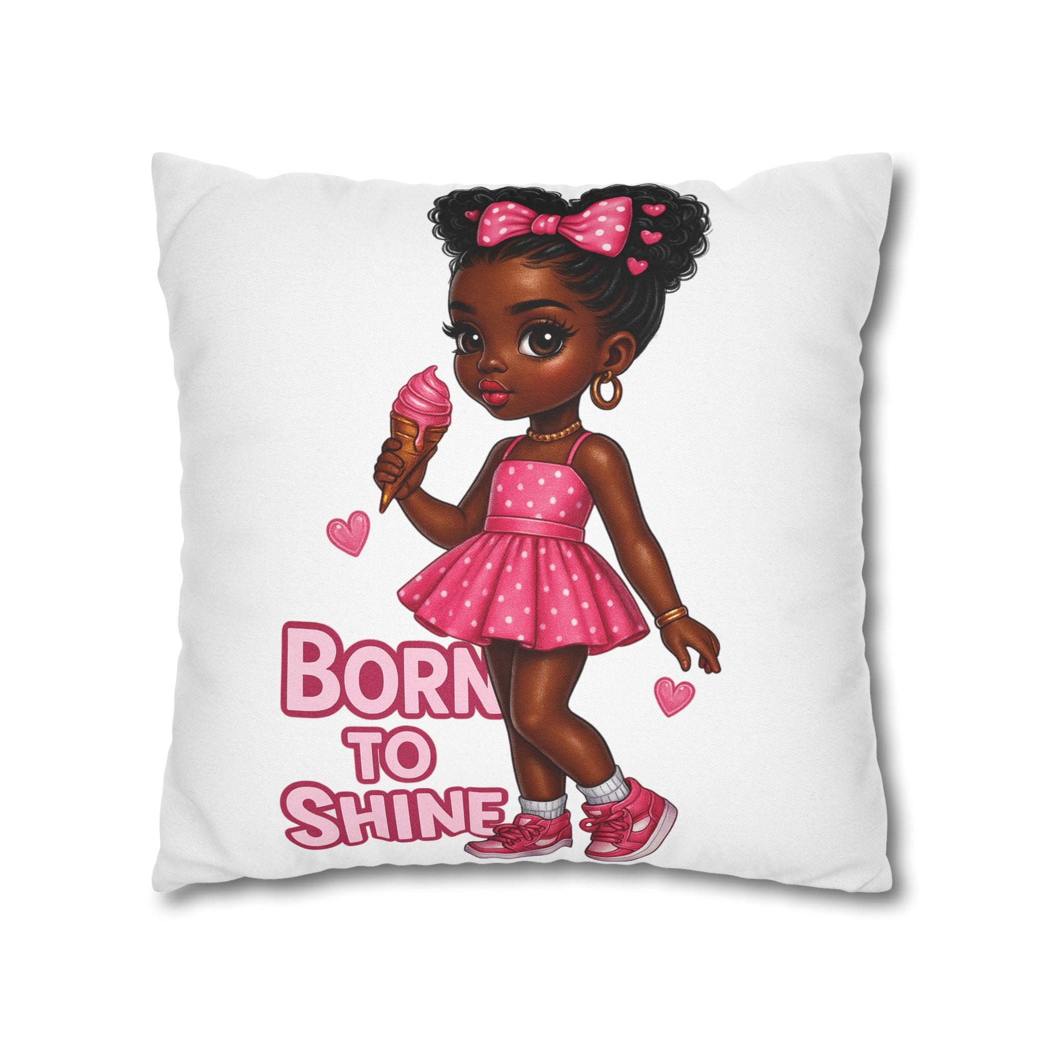 Born to Shine Cute Black Girl Illustration Pillowcase | Pink Dress