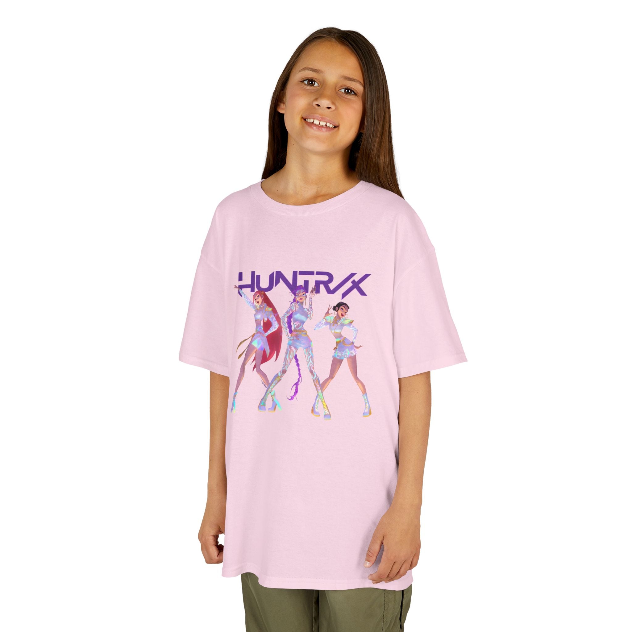 HUNTRIX Anime Girl Trio Retro Futuristic Dance Kids Tee | Neon Cyber Pop