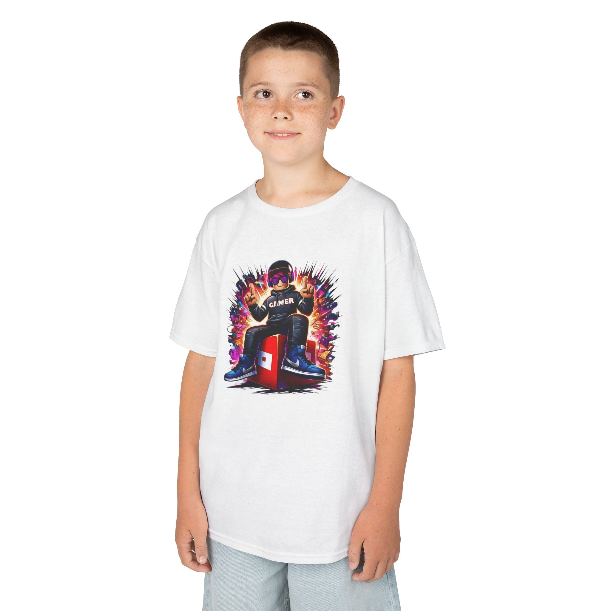 Retro Arcade Controller Kids Tee | Gamer Character, Colorful Explosion