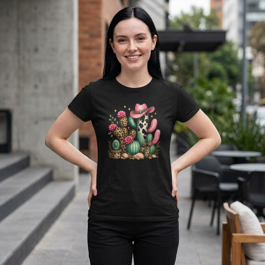 Pink Cowgirl Cactus Floral Leopard Print Tee | Desert Illustration