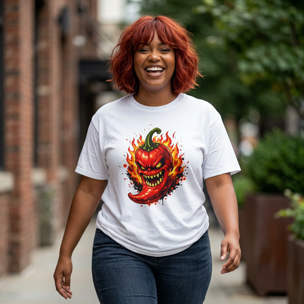 Grinning Chili Pepper Spicy Hot Pepper Graphic T-shirt | Fiery Pepper Design