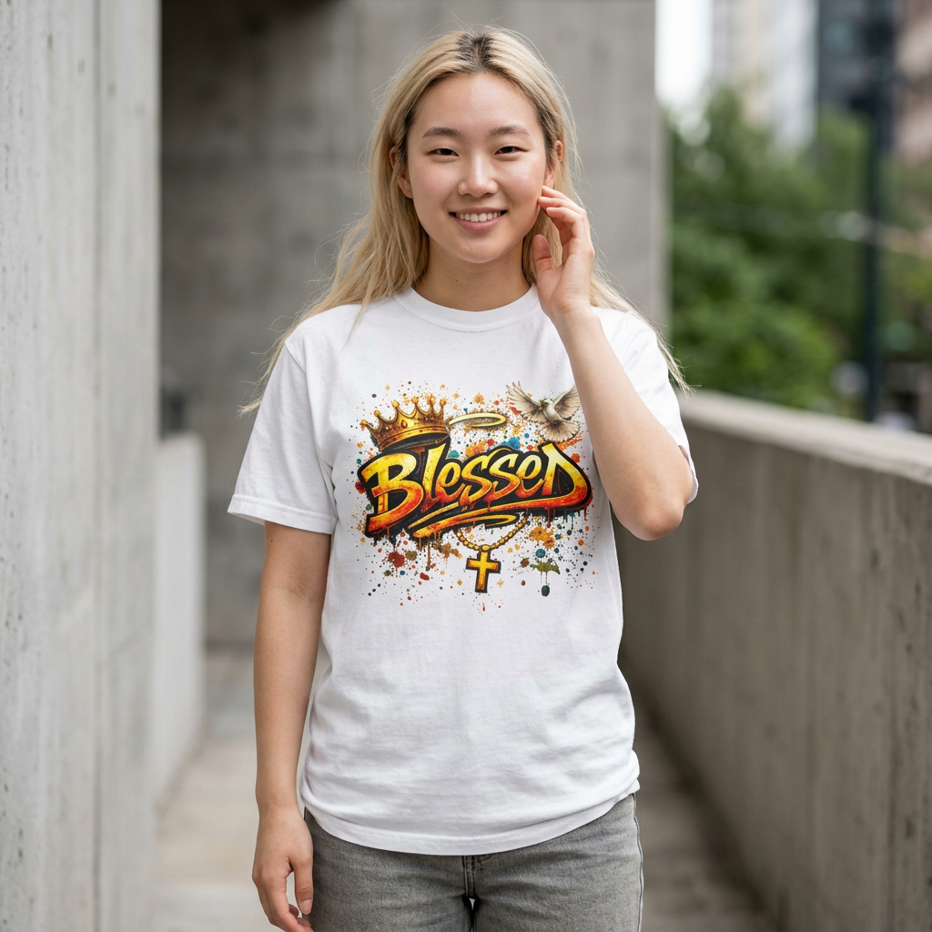Blessed Graffiti Cross Dove Crown Christian Faith T-shirt