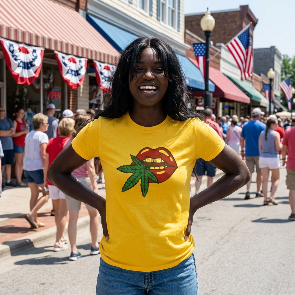 Red Lips with Gold Teeth Cannabis Leaf Tee | Marijuana Bite Design