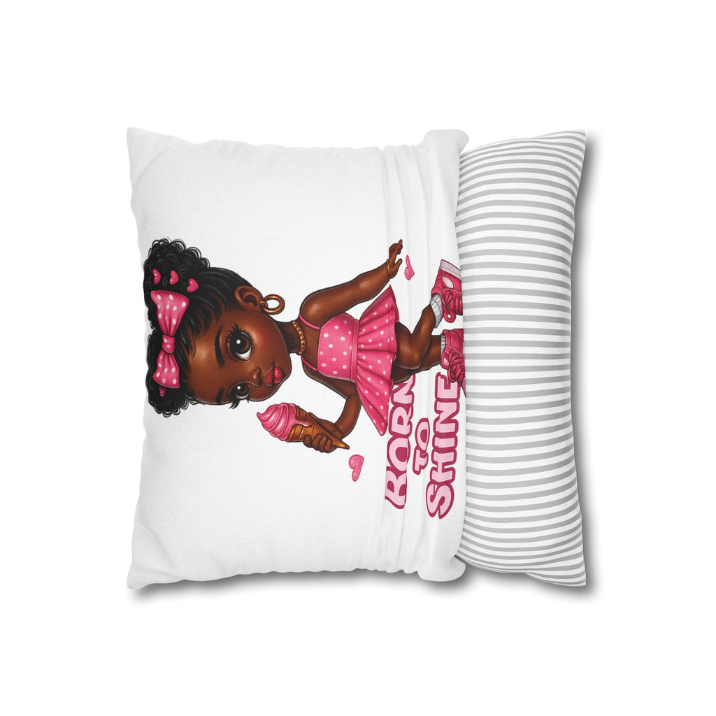 Born to Shine Cute Black Girl Illustration Pillowcase | Pink Dress