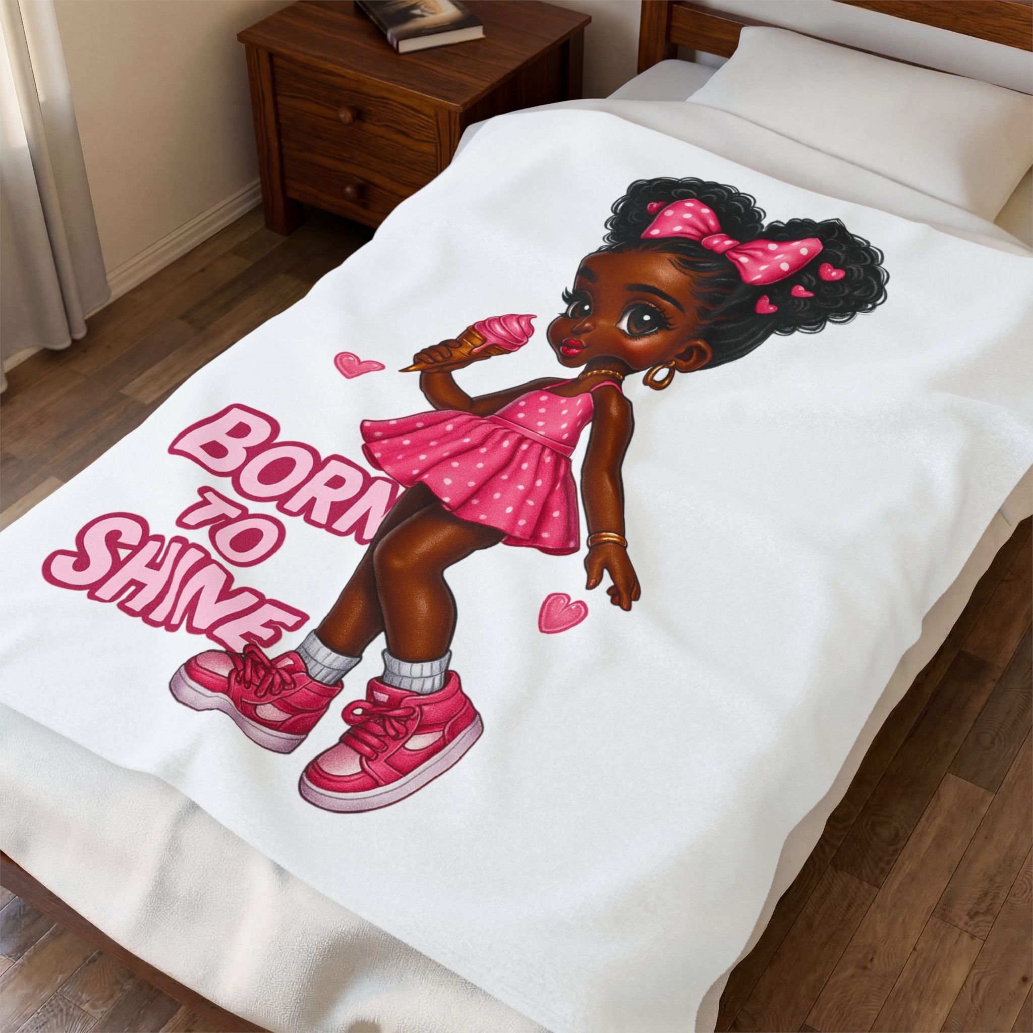 Born to Shine girl illustration Velveteen Blanket | Pink dress, ice cream, hearts