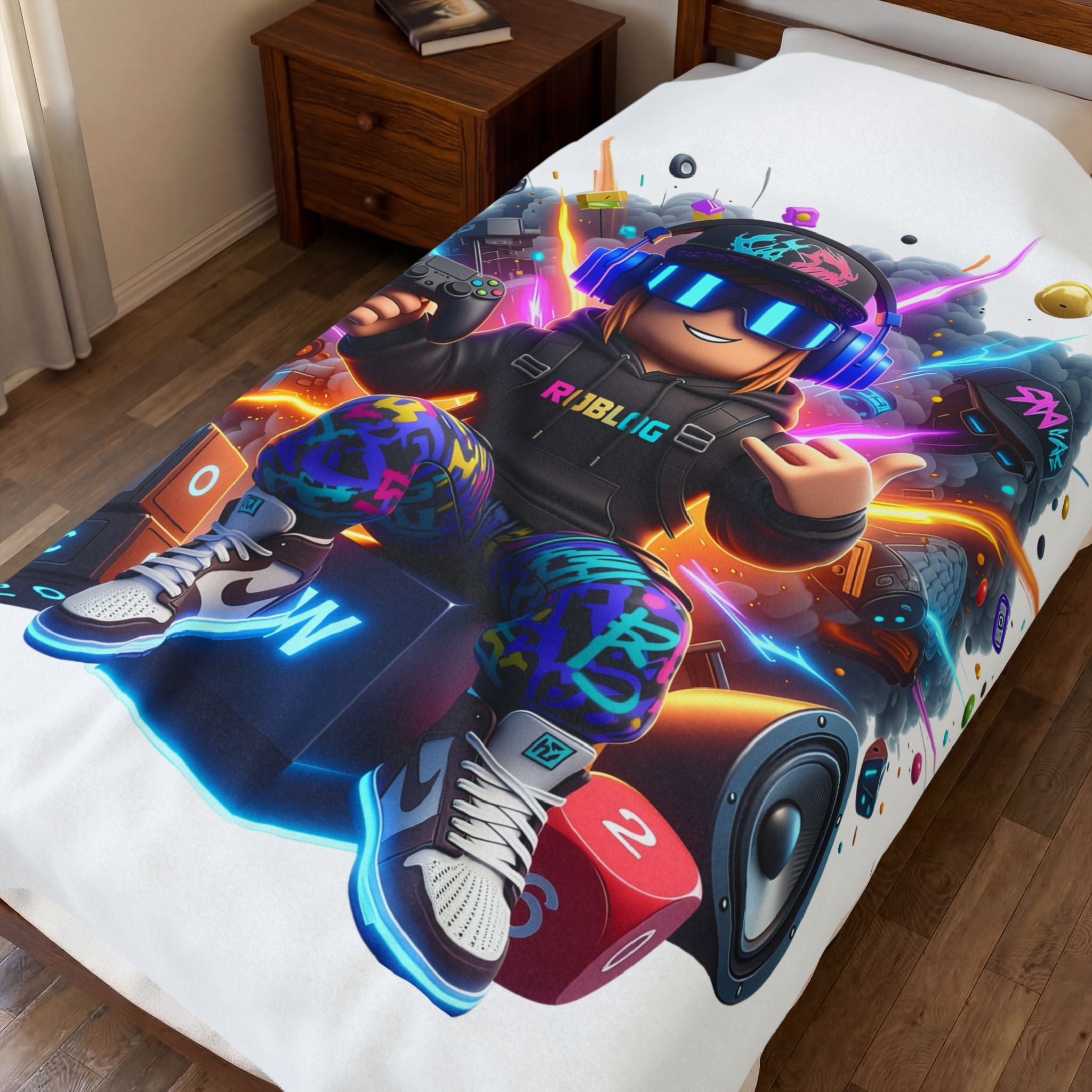 Neon Gamer Avatar Velveteen Plush Blanket | Gaming Character, Headphones, Controller