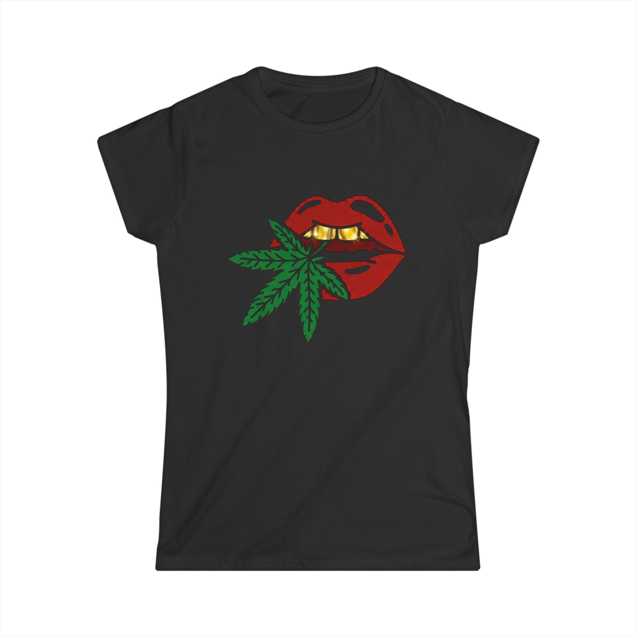 Red Lips with Gold Teeth Cannabis Leaf Tee | Marijuana Bite Design