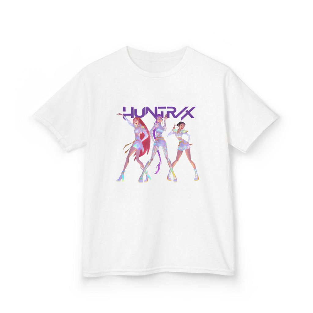 HUNTRIX Anime Girl Trio Retro Futuristic Dance Kids Tee | Neon Cyber Pop