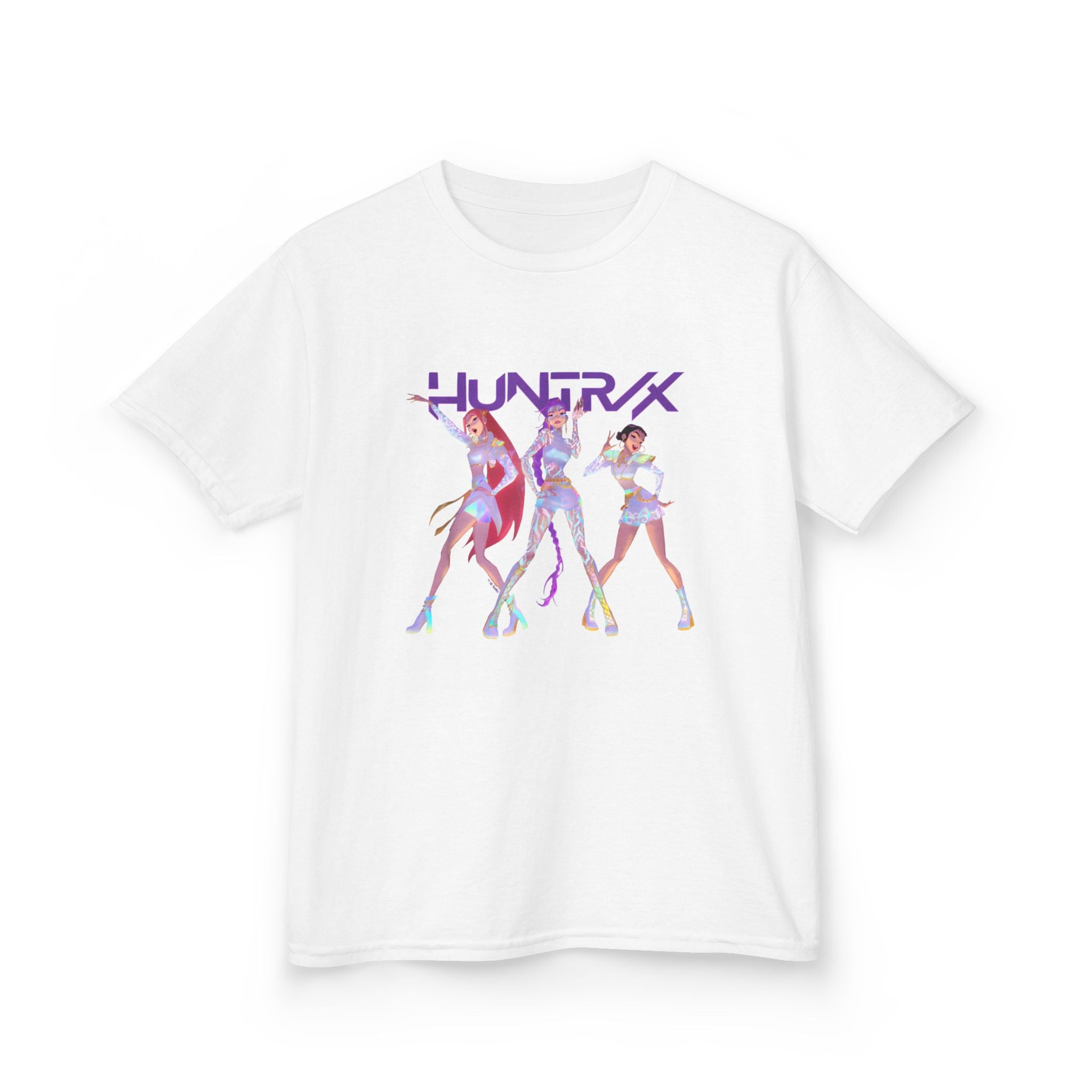 HUNTRIX Anime Girl Trio Retro Futuristic Dance Kids Tee | Neon Cyber Pop
