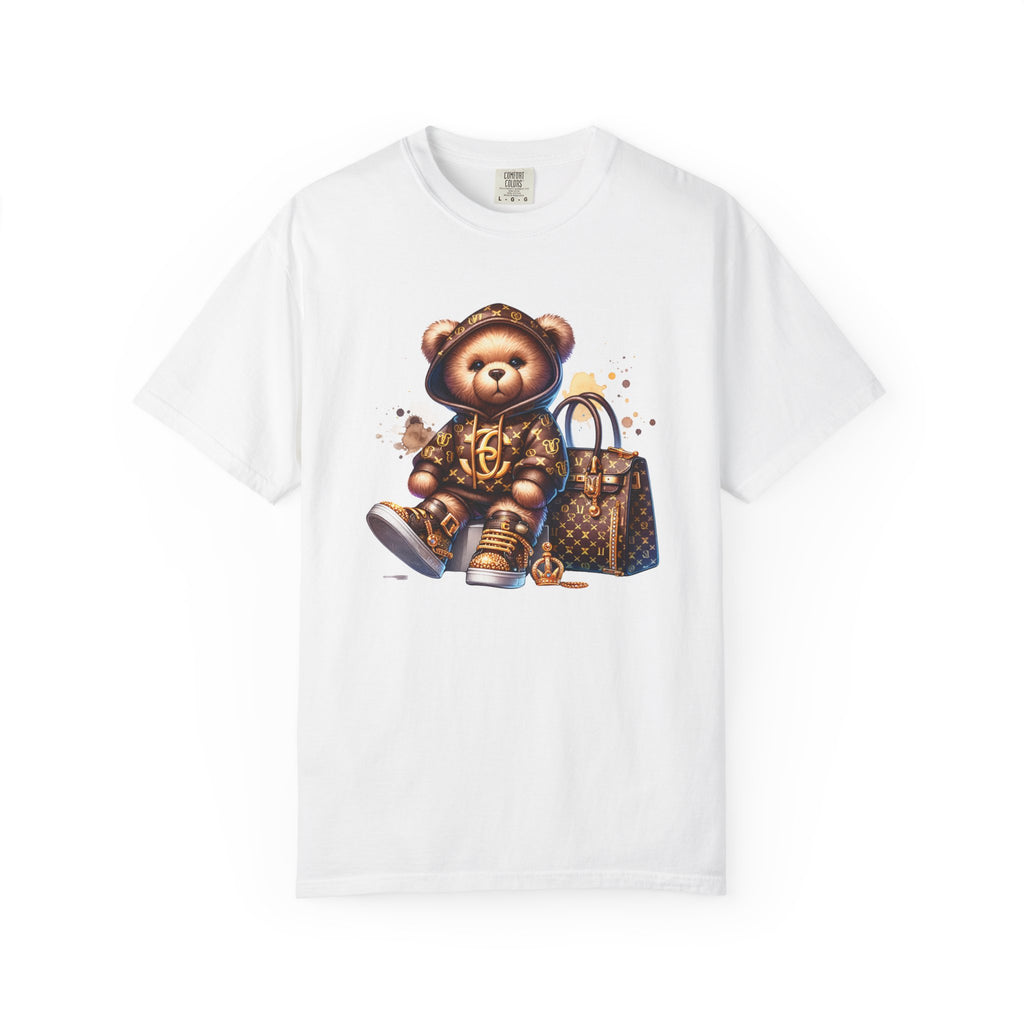 Luxury Teddy Bear with Designer Bag Unisex T-shirt | Cute Fashion Illustration, Designer Graphic Tee, Fashionista Top, Trendy Clothing, Gift