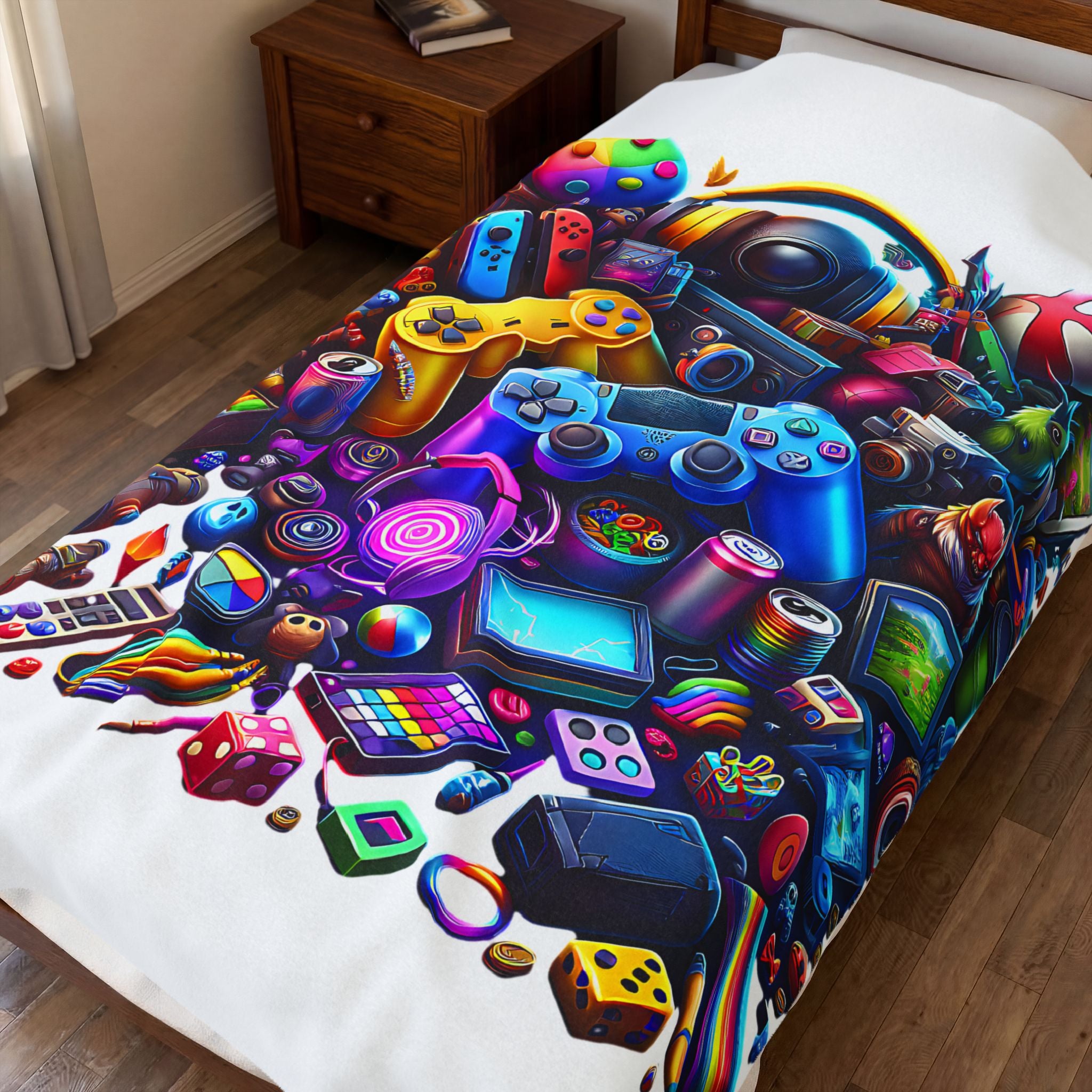 Colorful Video Game Controllers Collage Velveteen Plush Blanket | Gaming Pixels Throw