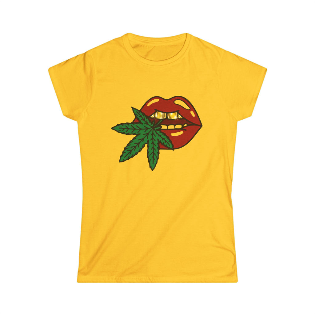 Red Lips with Gold Teeth Cannabis Leaf Tee | Marijuana Bite Design