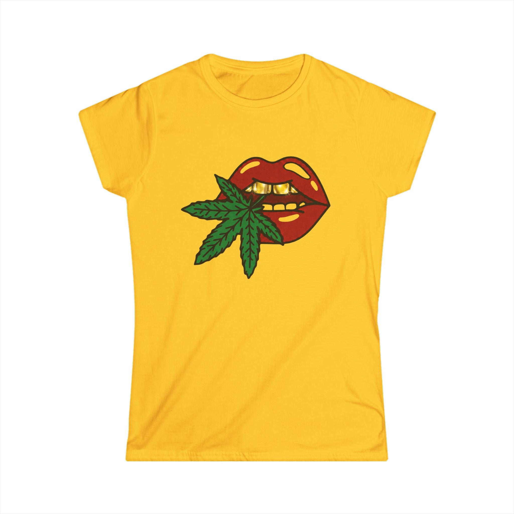 Red Lips with Gold Teeth Cannabis Leaf Tee | Marijuana Bite Design