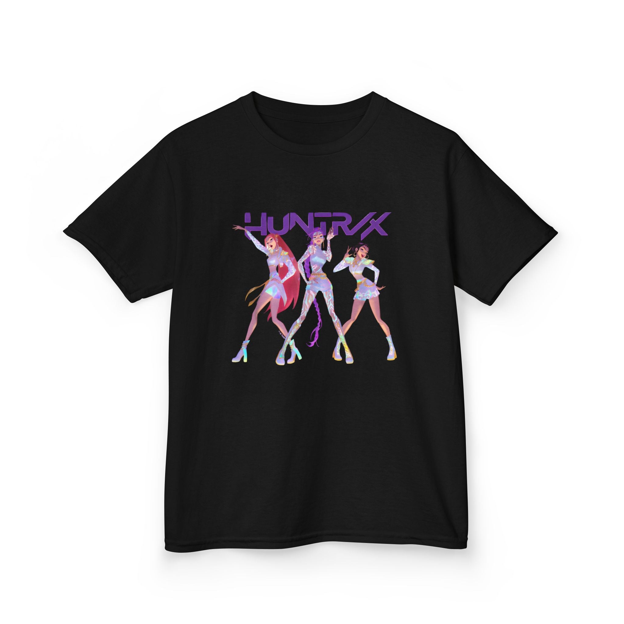 HUNTRIX Anime Girl Trio Retro Futuristic Dance Kids Tee | Neon Cyber Pop