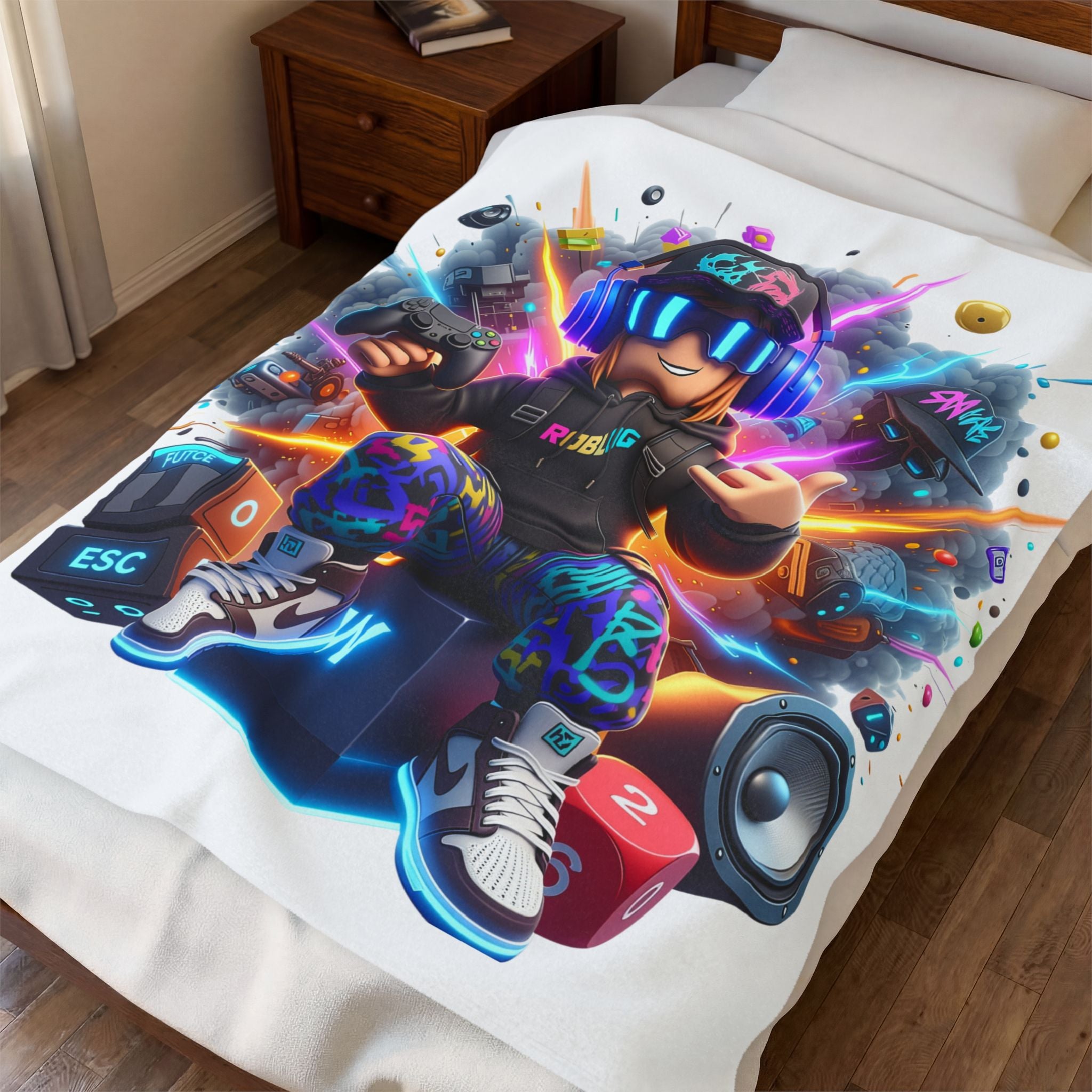 Neon Gamer Avatar Velveteen Plush Blanket | Gaming Character, Headphones, Controller