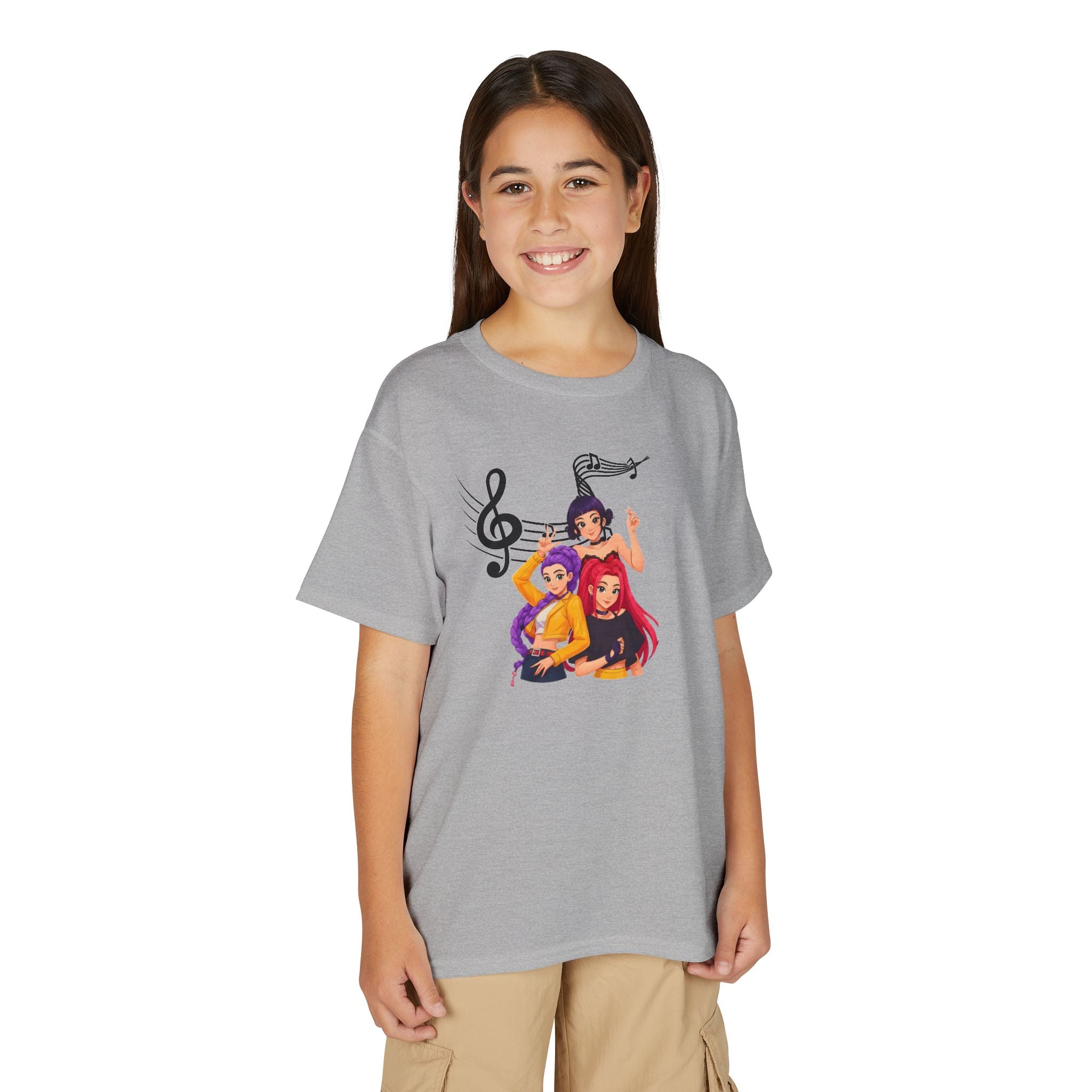 K Pop Demon Hunters- Music Witch T-Shirt — Colorful Girl Trio with Musical Notes