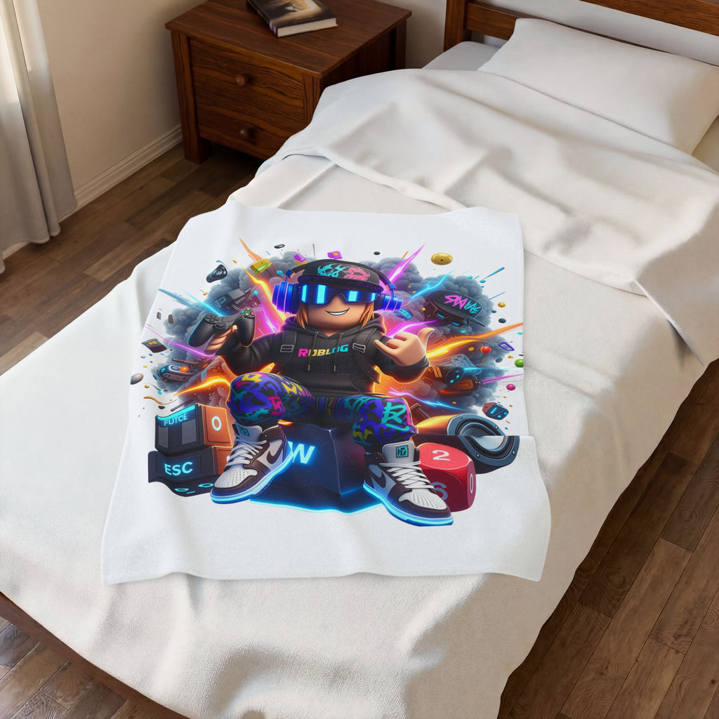 Neon Gamer Avatar Velveteen Plush Blanket | Gaming Character, Headphones, Controller
