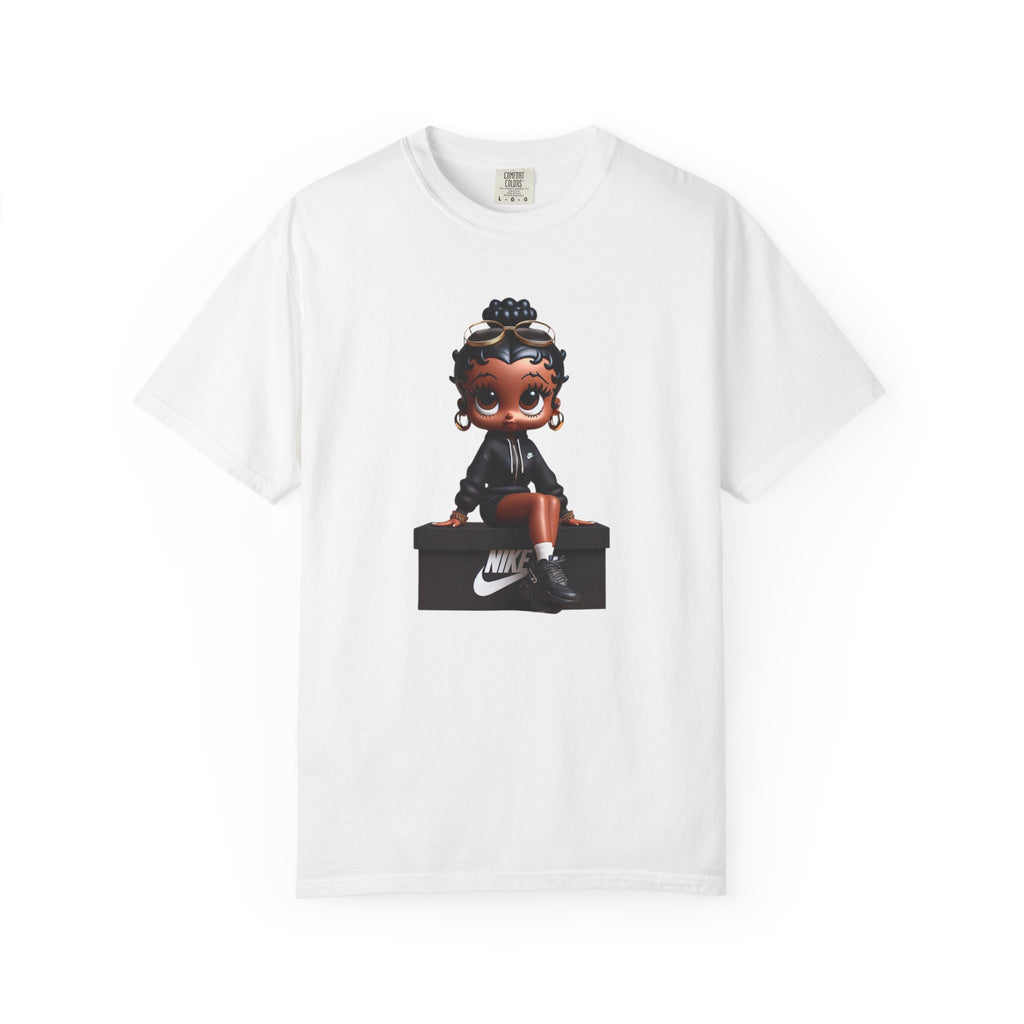 Betty Boop Garment-Dyed T-shirt, Cute Black Doll Tee, Unisex Shirt, Sneaker Box Design, Unique Fashion Gift, Trendy Graphic Tee, Vintage
