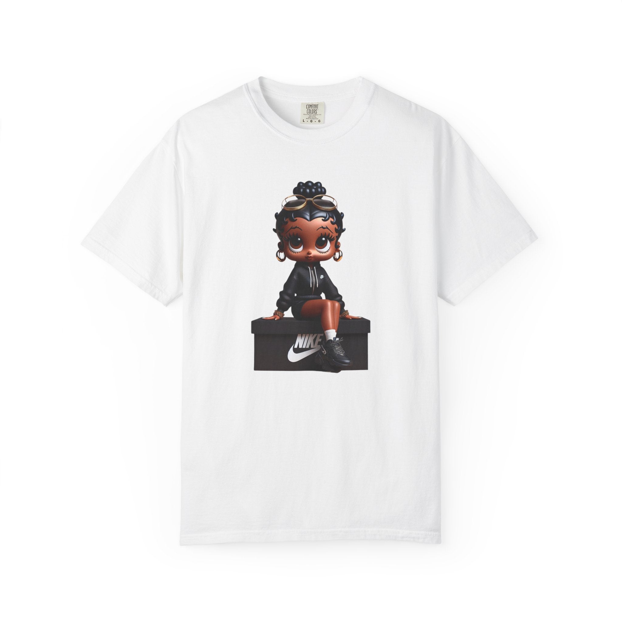 Betty Boop Garment-Dyed T-shirt, Cute Black Doll Tee, Unisex Shirt, Sneaker Box Design, Unique Fashion Gift, Trendy Graphic Tee, Vintage