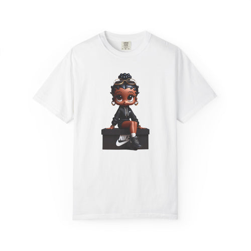 Betty Boop Garment-Dyed T-shirt, Cute Black Doll Tee, Unisex Shirt, Sneaker Box Design, Unique Fashion Gift, Trendy Graphic Tee, Vintage