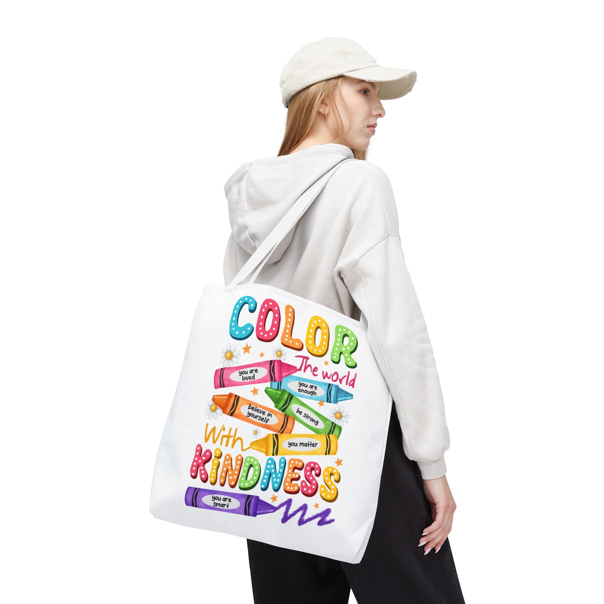Color the World with Kindness tote bag | crayon positive affirmation design